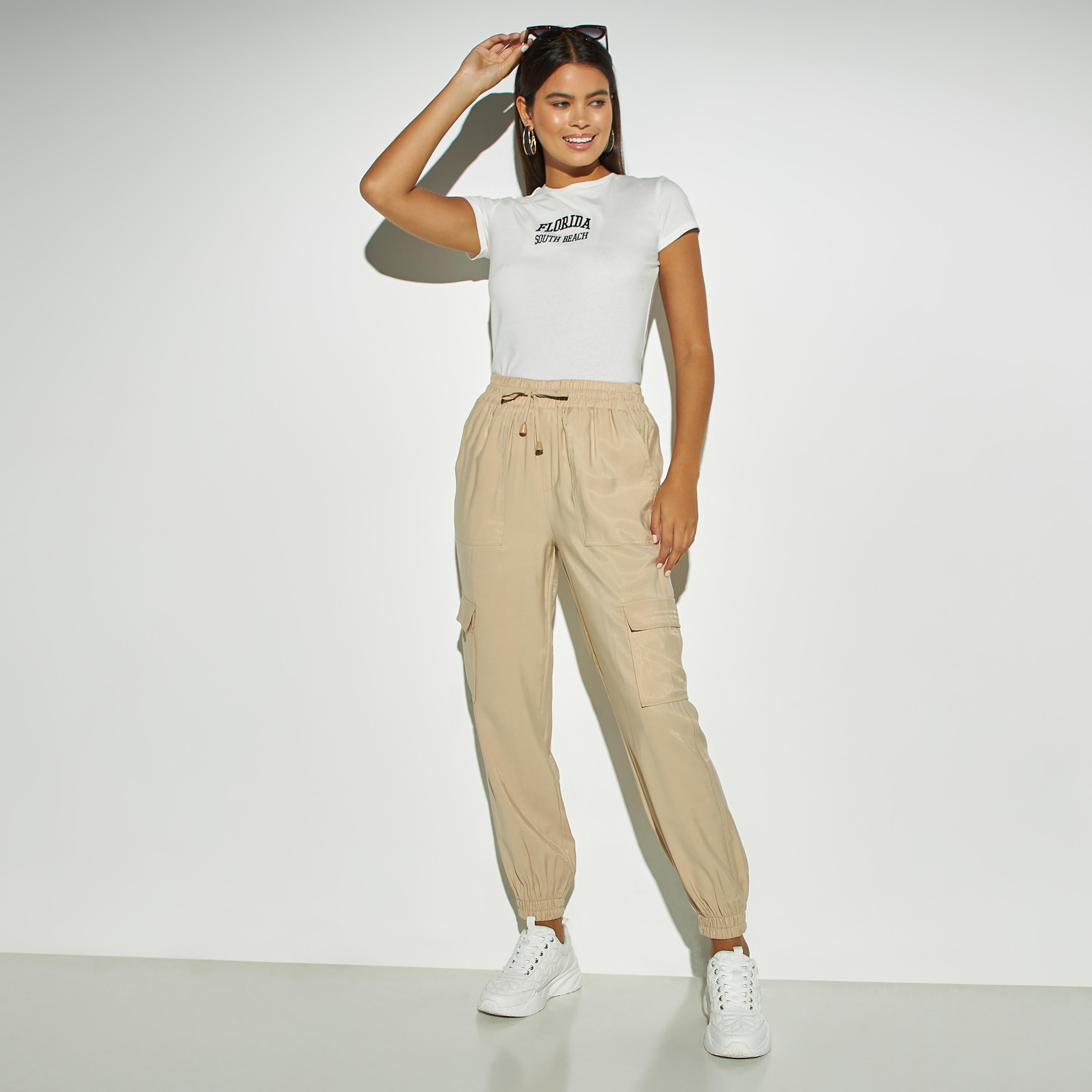 Typography Embroidered Crew Neck T-shirt with Cap Sleeves-women-clothing-tshirts-image-2