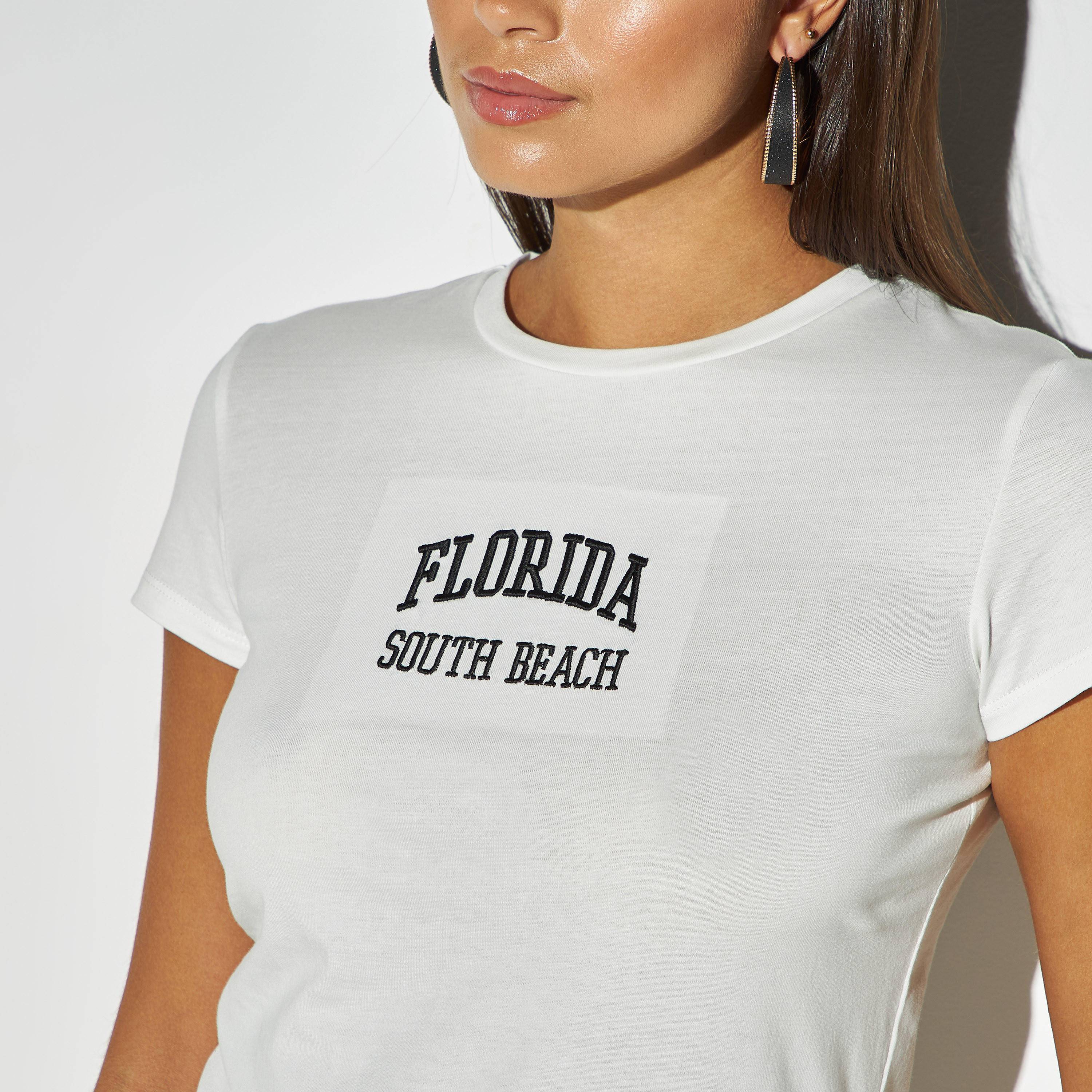 Typography Embroidered Crew Neck T-shirt with Cap Sleeves-women-clothing-tshirts-image-4