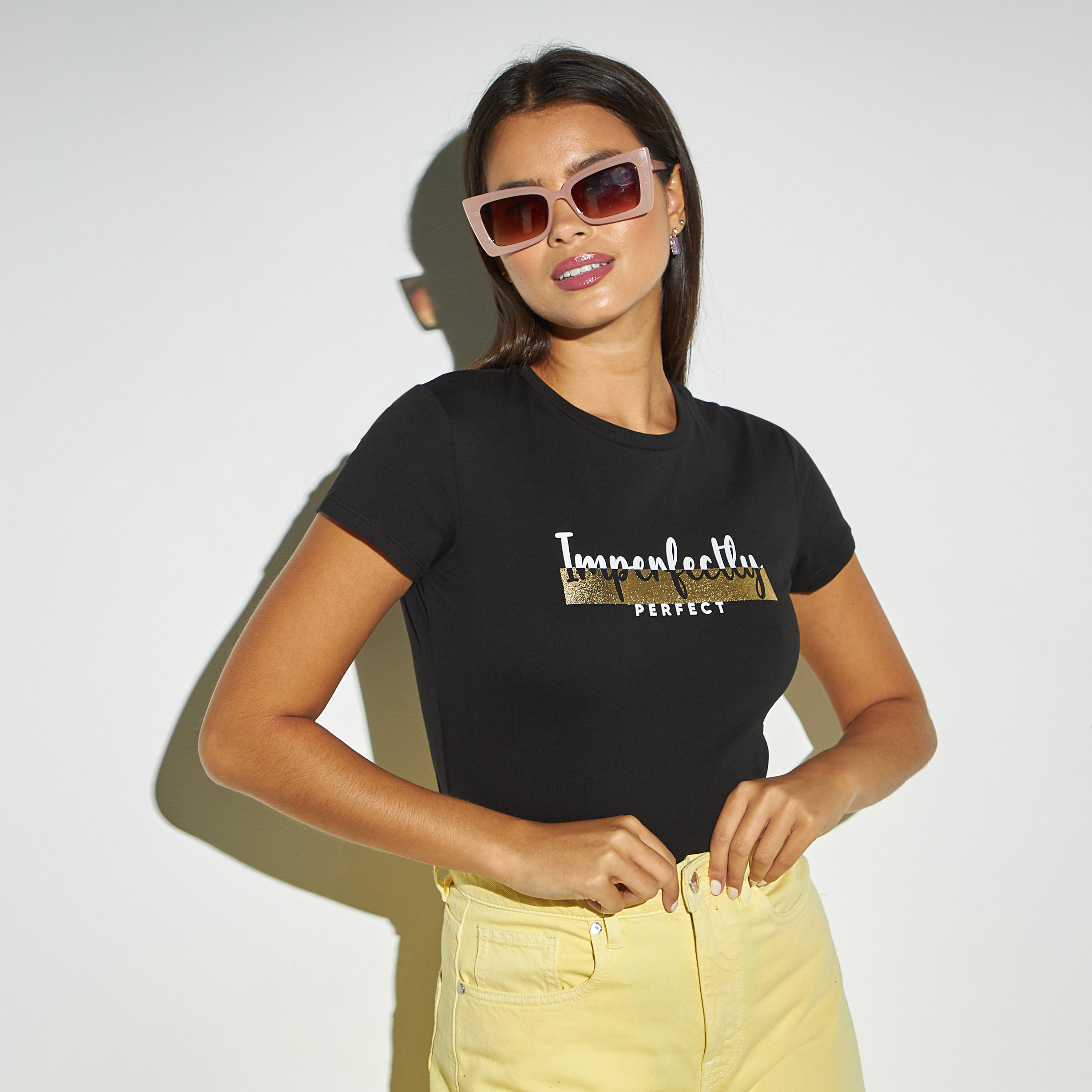 Slogan Print Crew Neck T-shirt with Short Sleeves-women-clothing-tshirts-image-1