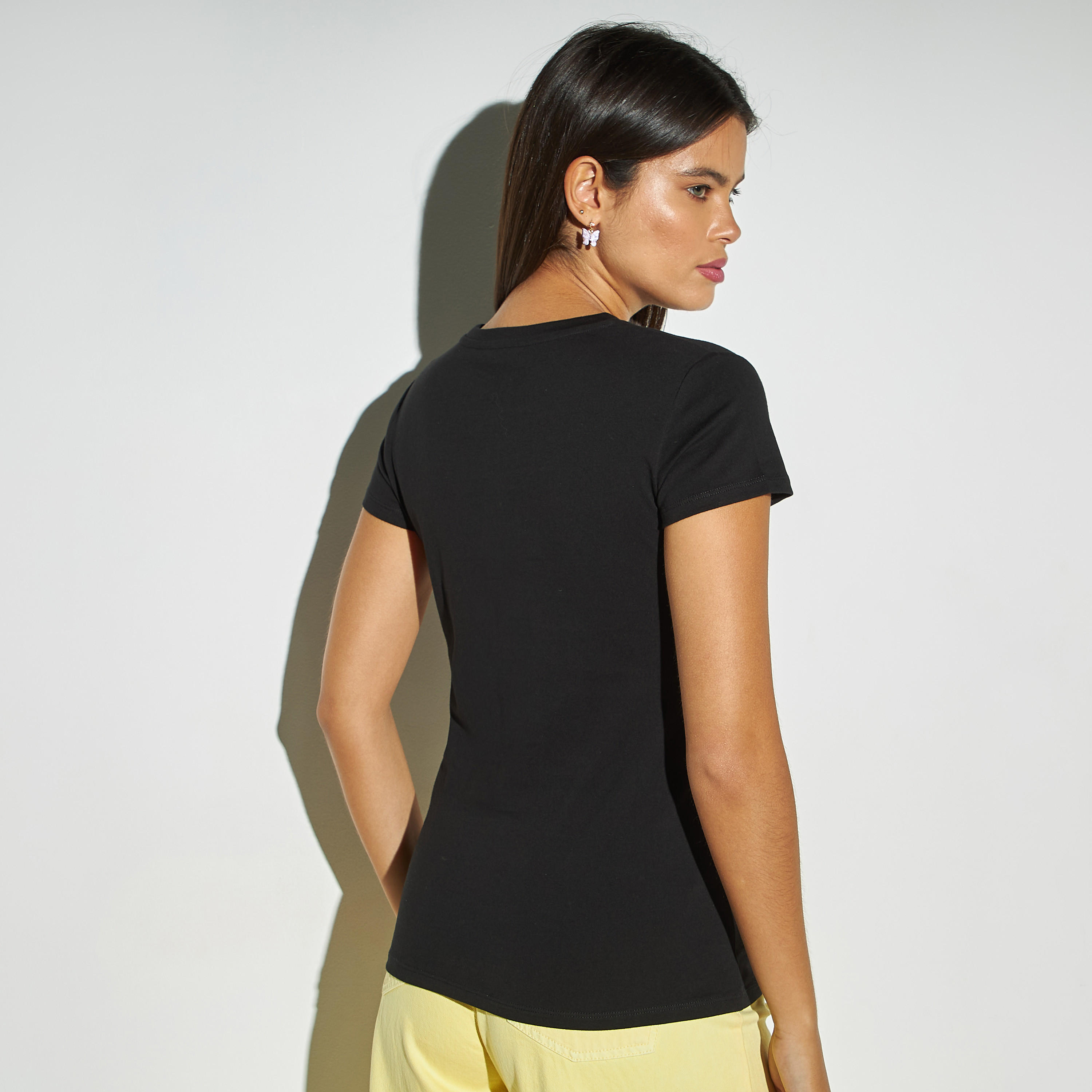 Slogan Print Crew Neck T-shirt with Short Sleeves-women-clothing-tshirts-image-3