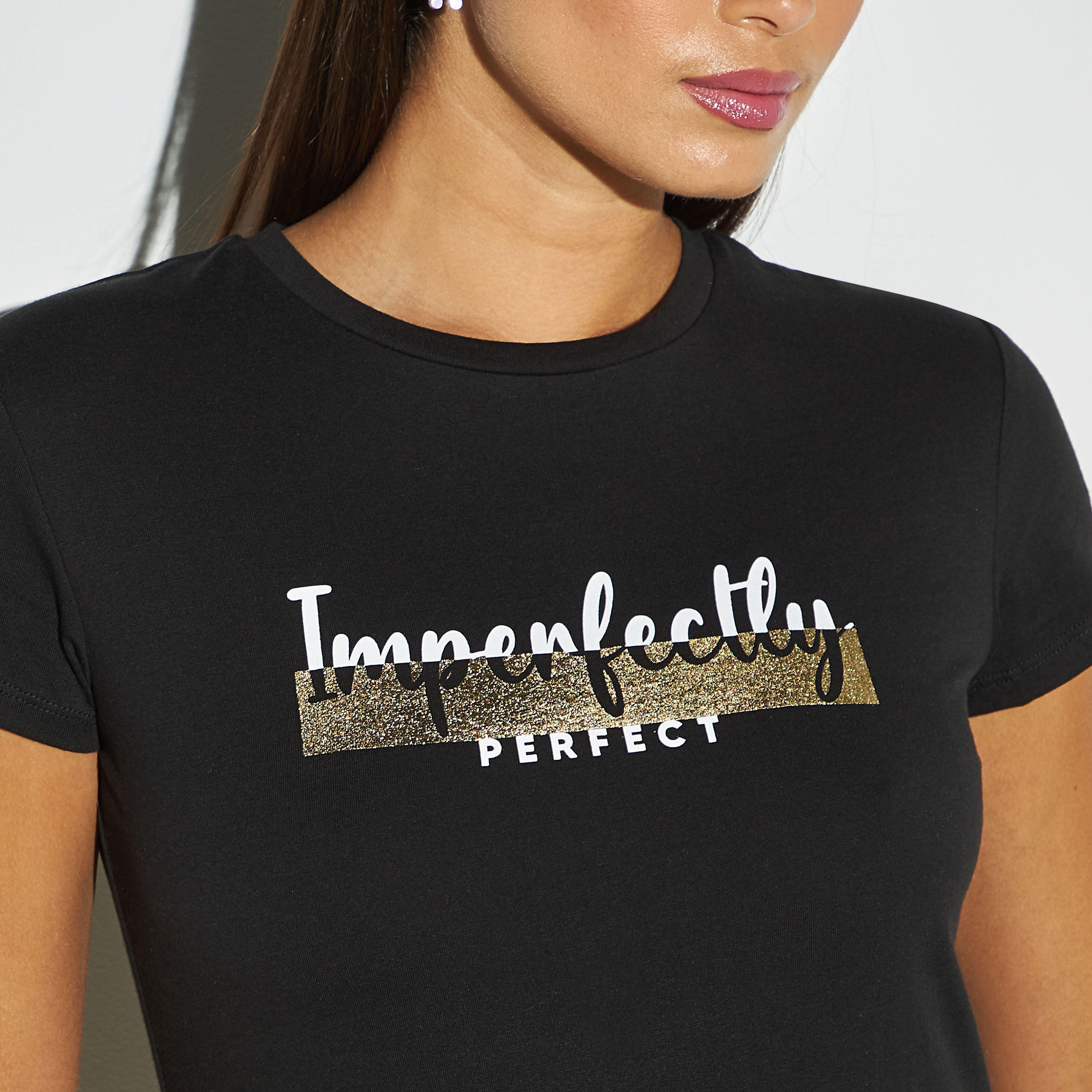 Slogan Print Crew Neck T-shirt with Short Sleeves-women-clothing-tshirts-image-4