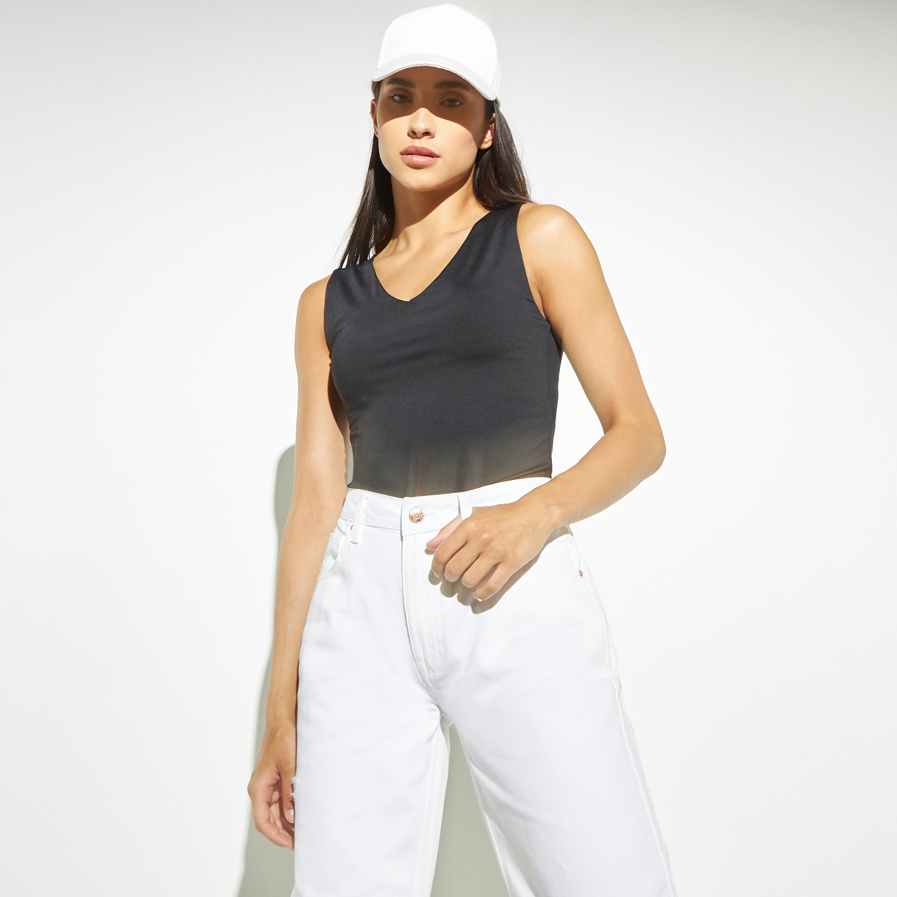 Solid Sleeveless Bodysuit with V-neck-women-clothing-tshirts-image-5