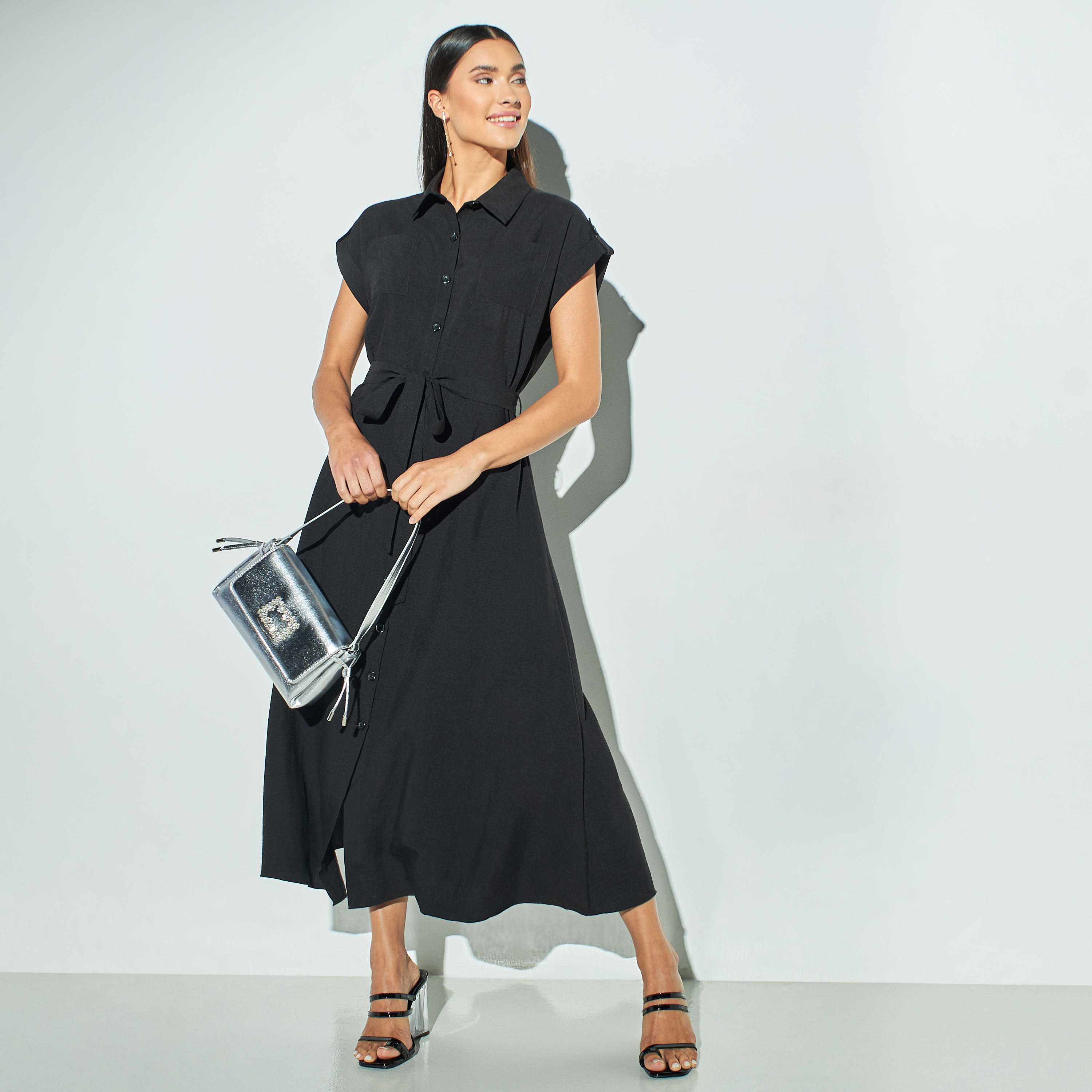 فستان قميص طويل سادة بحزام ربلط وأكمام متصلة-women-clothing-dresses-image-1