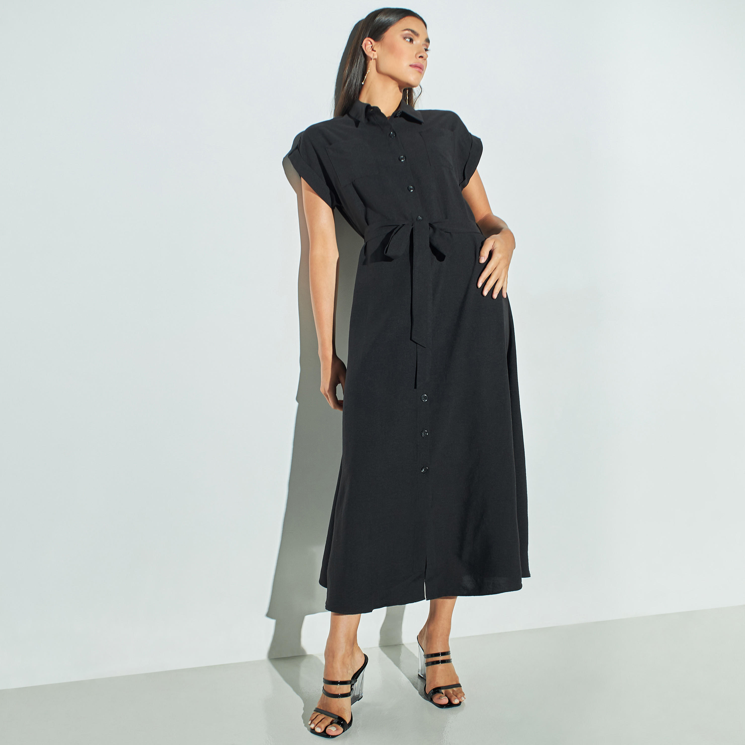 فستان قميص طويل سادة بحزام ربلط وأكمام متصلة-women-clothing-dresses-image-2