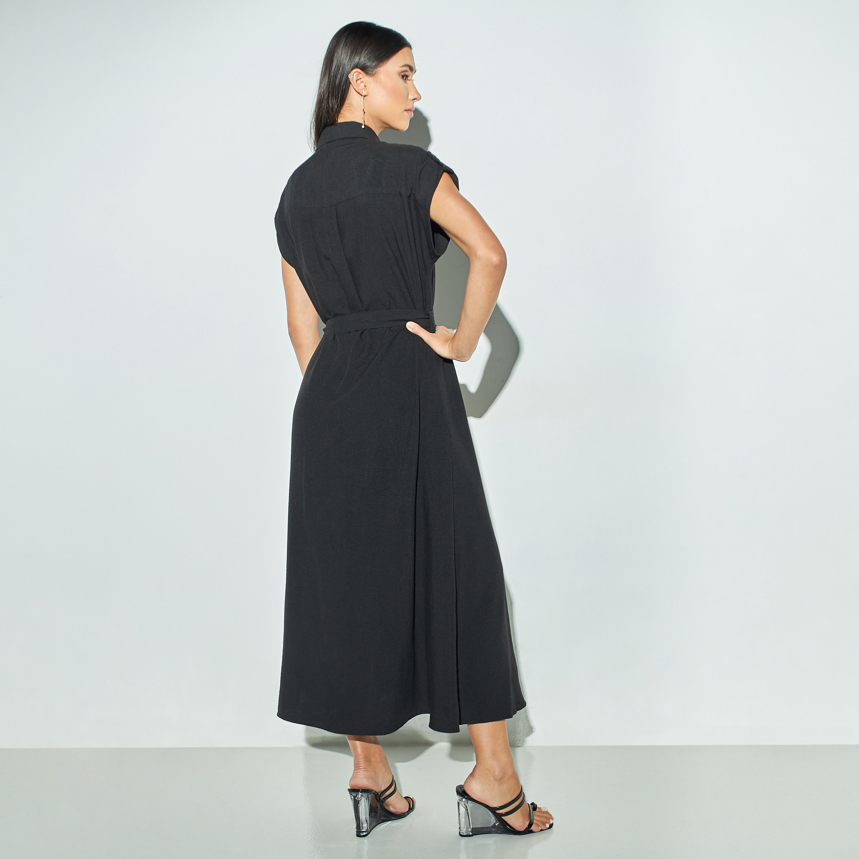 فستان قميص طويل سادة بحزام ربلط وأكمام متصلة-women-clothing-dresses-image-4