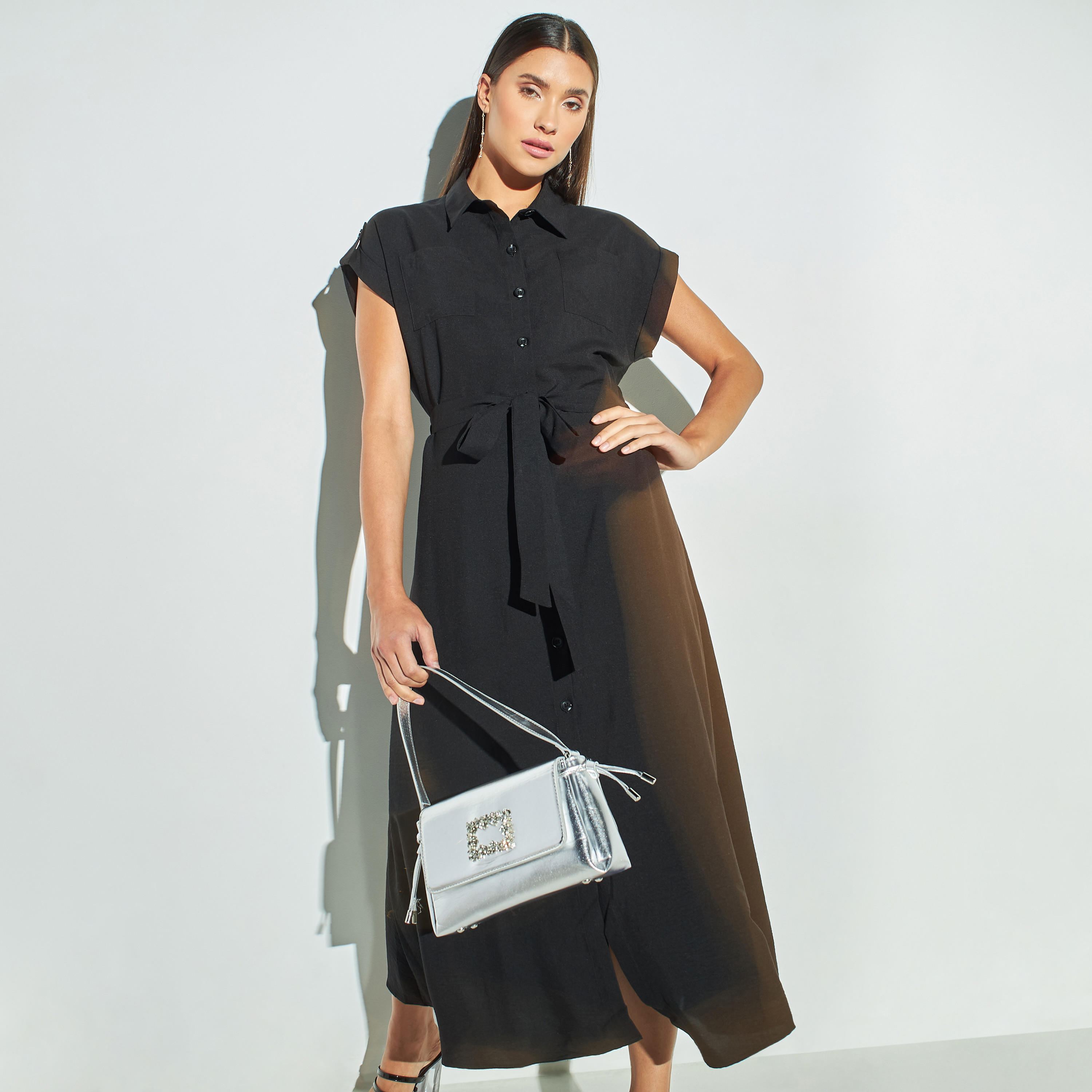 فستان قميص طويل سادة بحزام ربلط وأكمام متصلة-women-clothing-dresses-image-5