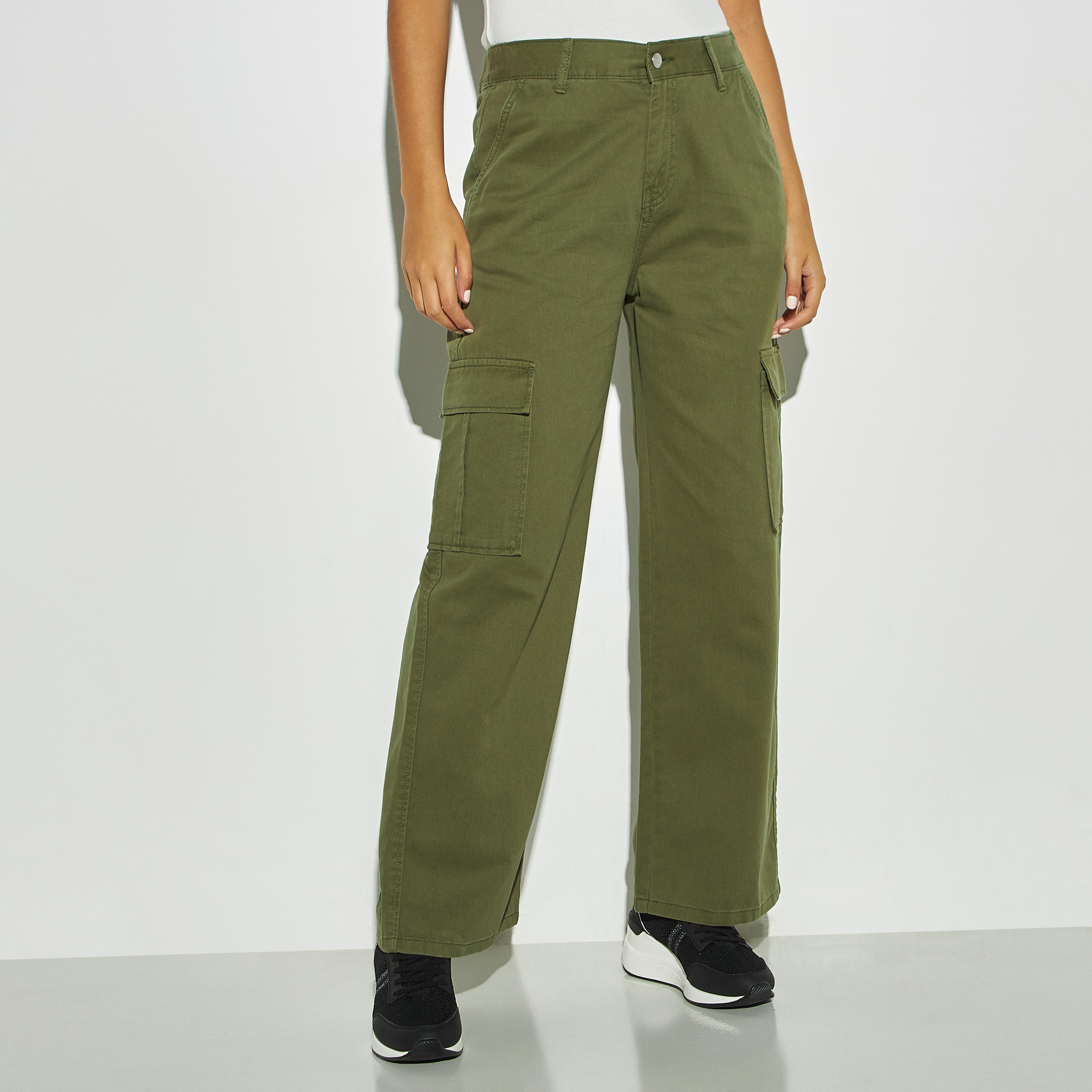 Solid Relaxed Fit Twill Cargo Pants with Pockets and Button Closure-women-clothing-trousers-image-1