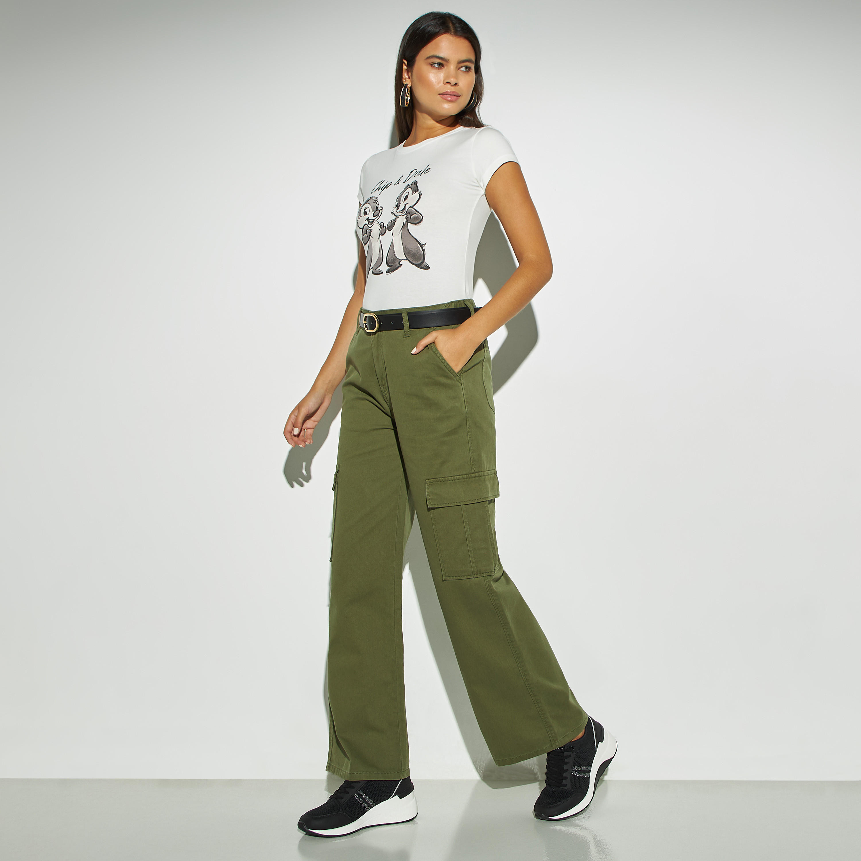 Solid Relaxed Fit Twill Cargo Pants with Pockets and Button Closure-women-clothing-trousers-image-2