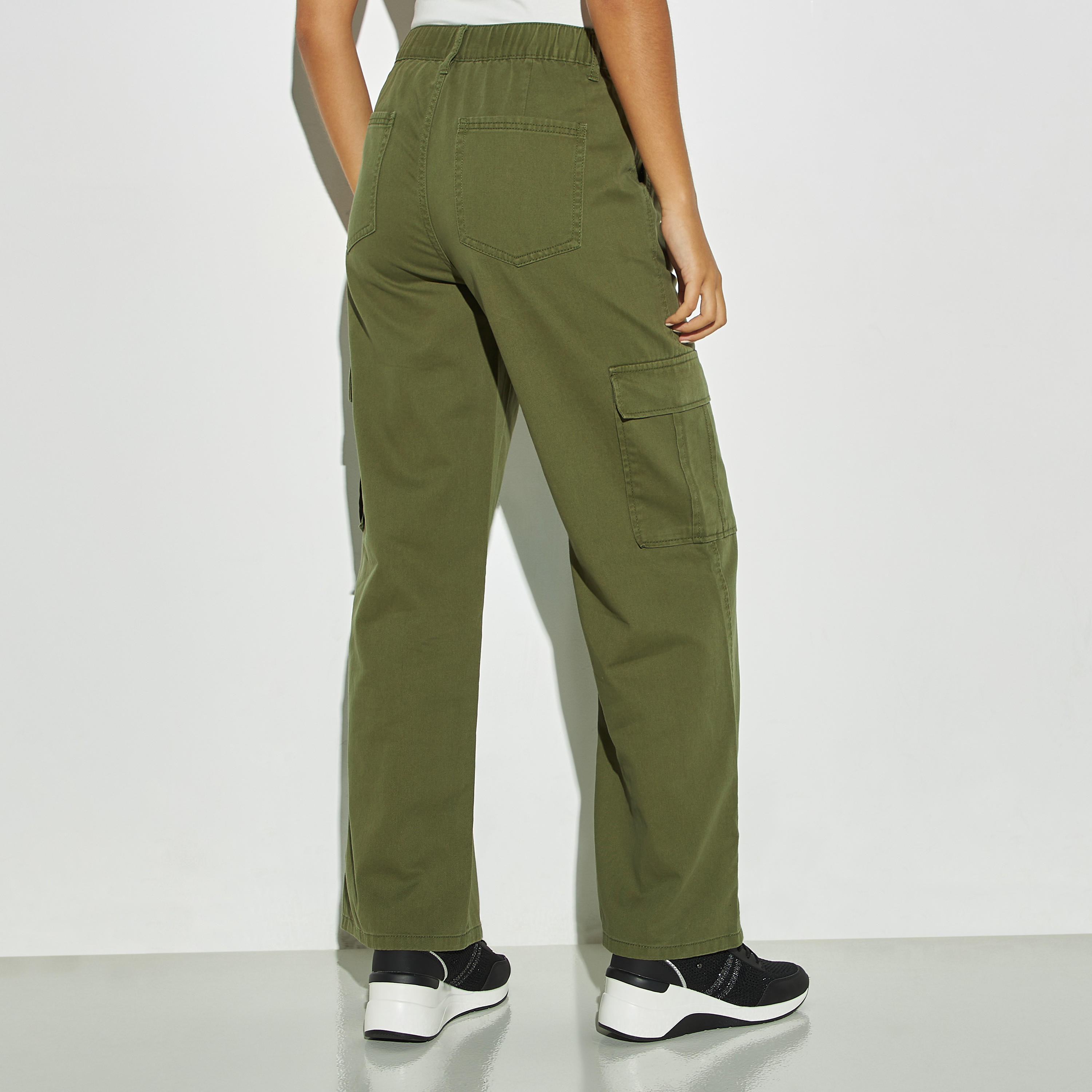 Solid Relaxed Fit Twill Cargo Pants with Pockets and Button Closure-women-clothing-trousers-image-3