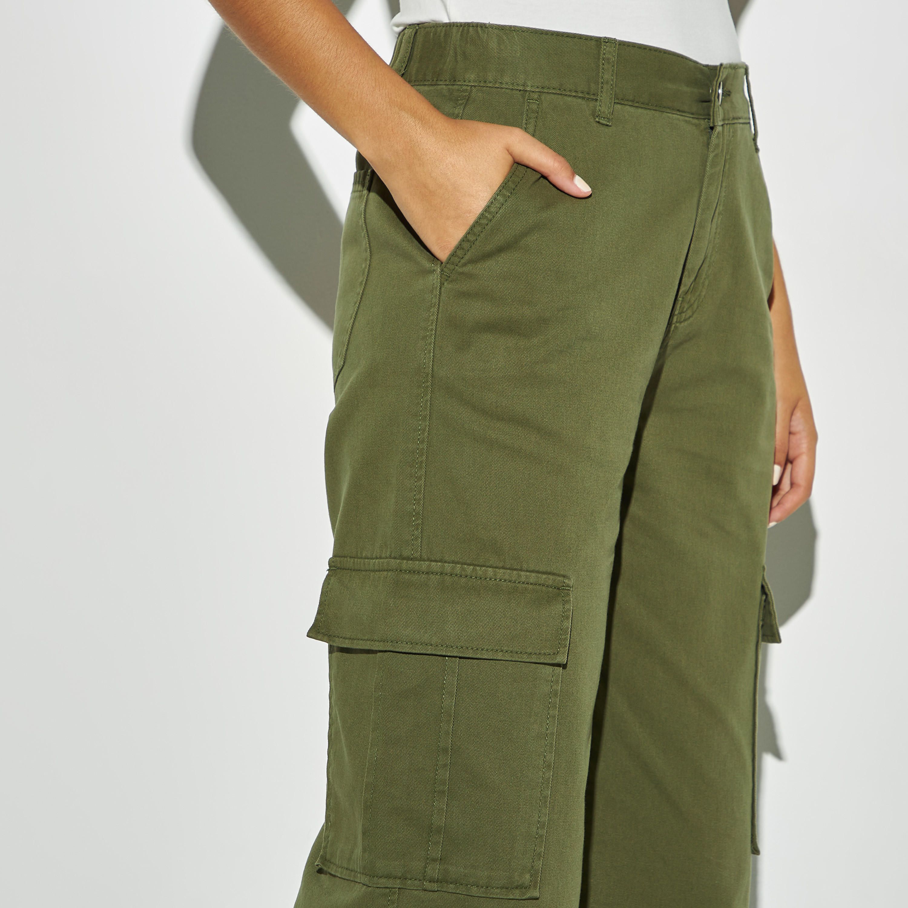 Solid Relaxed Fit Twill Cargo Pants with Pockets and Button Closure-women-clothing-trousers-image-4