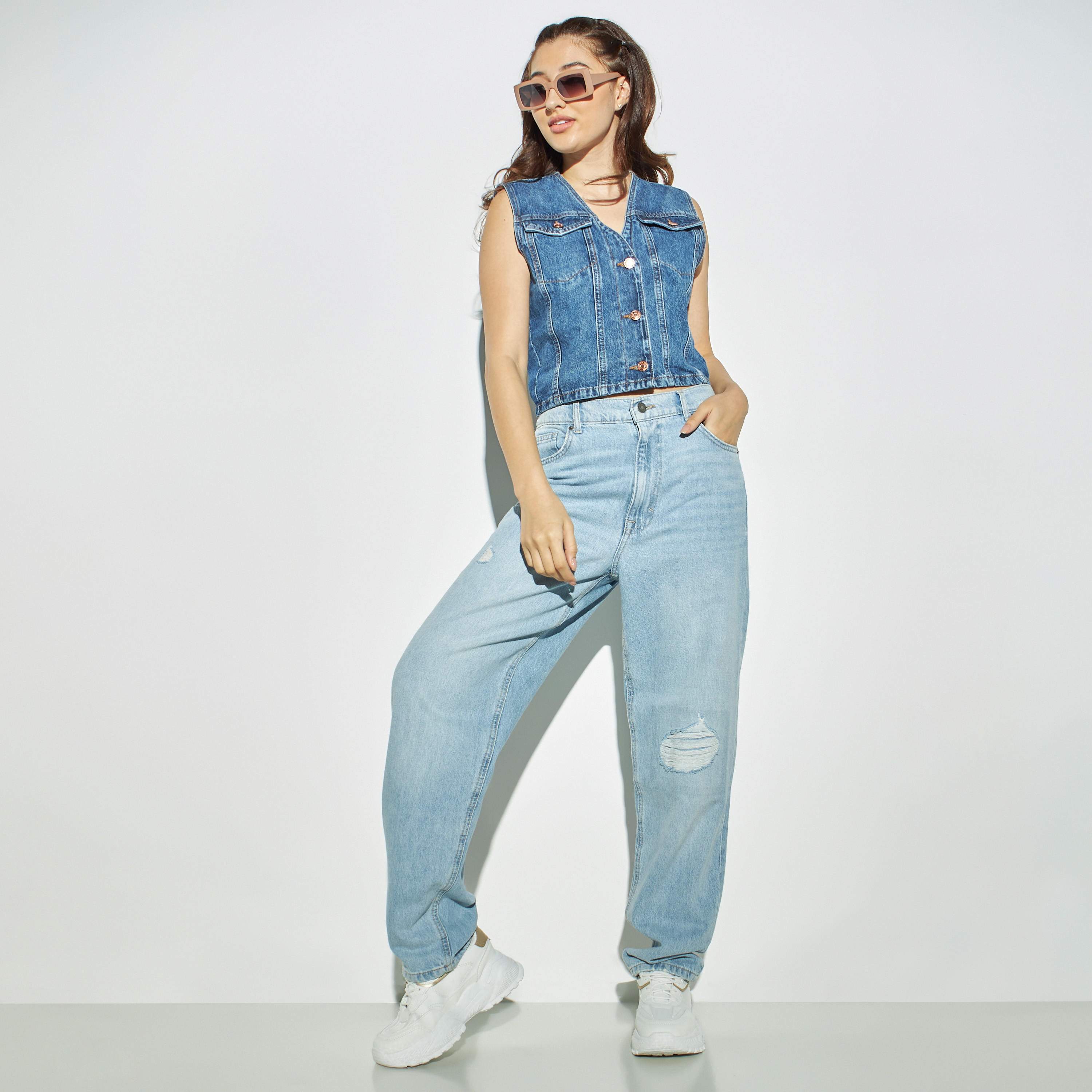 Solid Sleeveless Denim Jacket with Pockets-women-winterwear-coatsandjackets-jackets-image-2