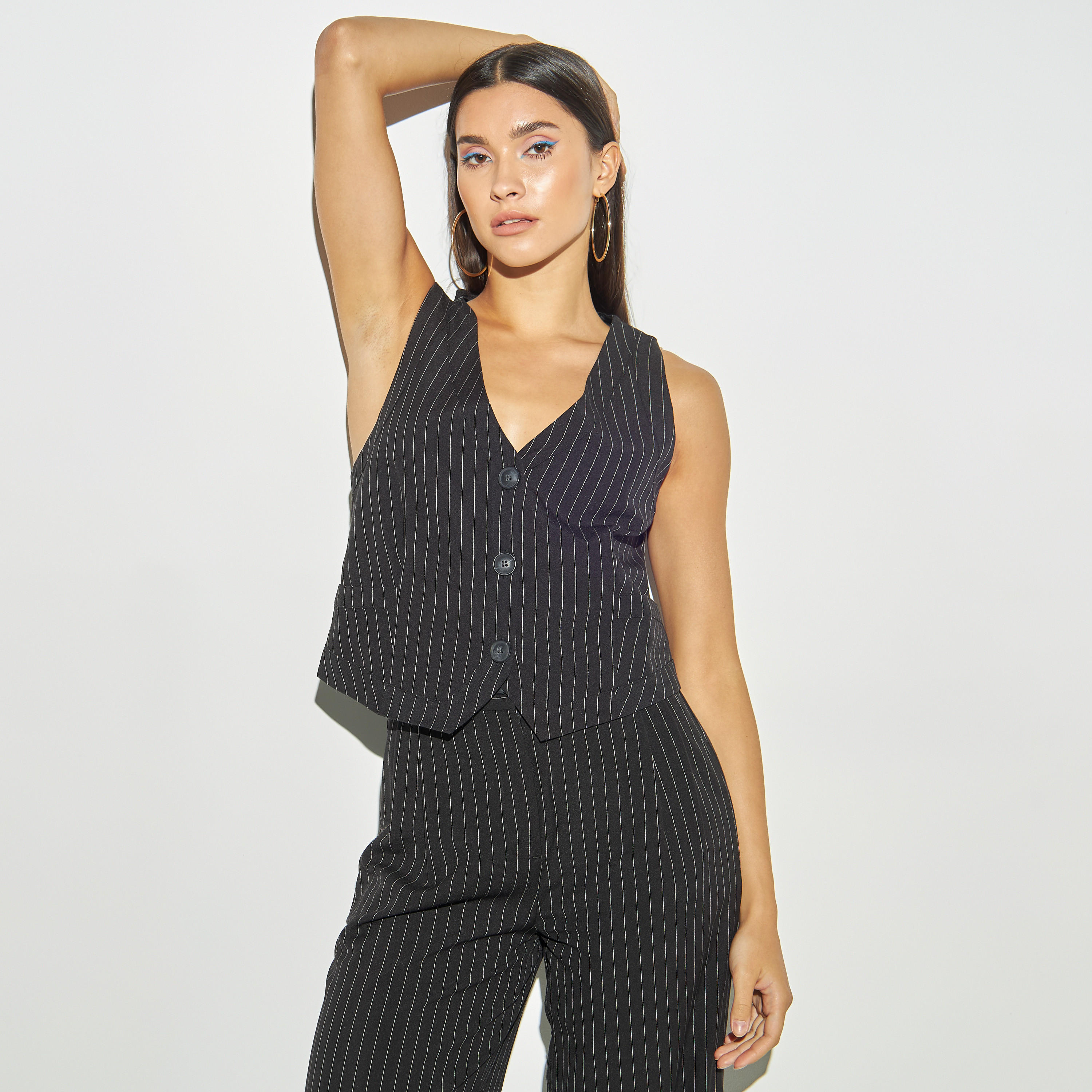 Striped Crop Waistcoat with Button Closure-women-winterwear-coatsandjackets-waistcoats-image-1