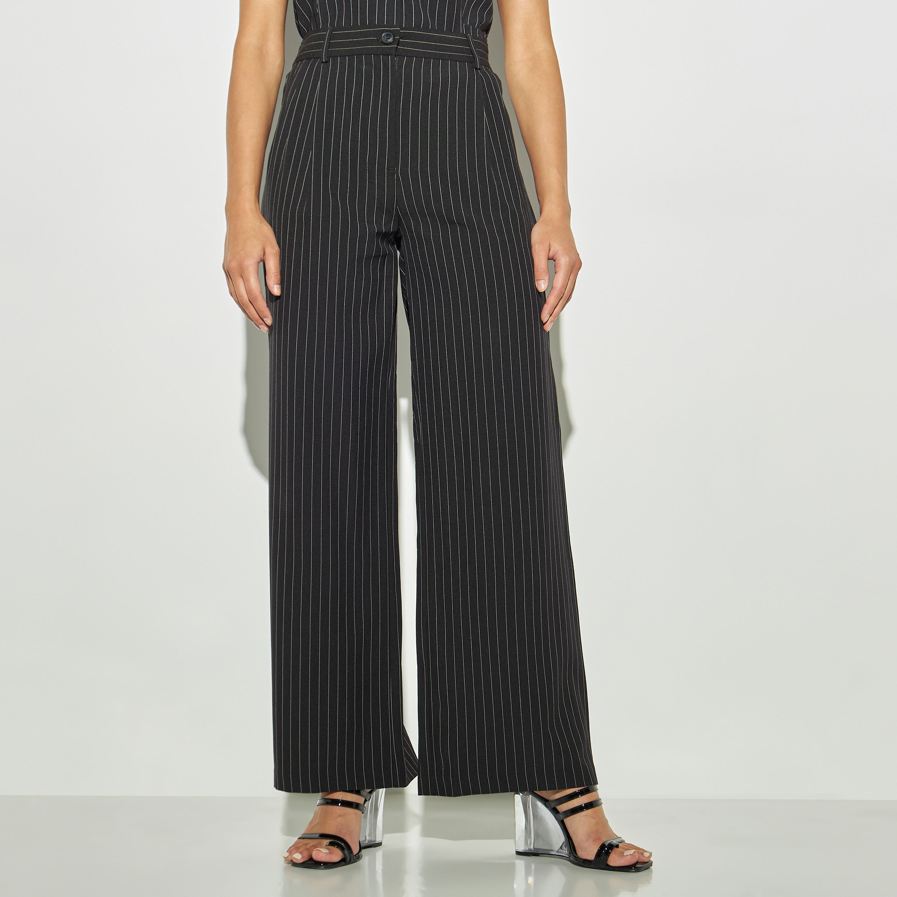 Striped Wide Leg Trousers with Button Closure-women-clothing-bottoms-trousers-image-1