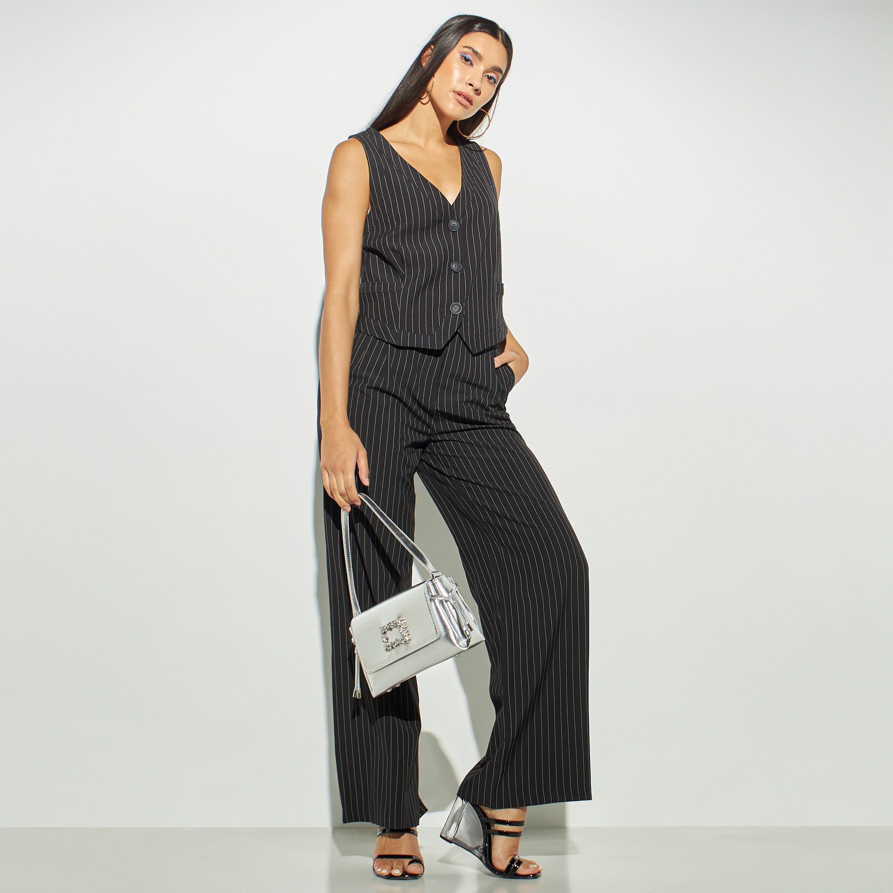 Striped Wide Leg Trousers with Button Closure-women-clothing-bottoms-trousers-image-2
