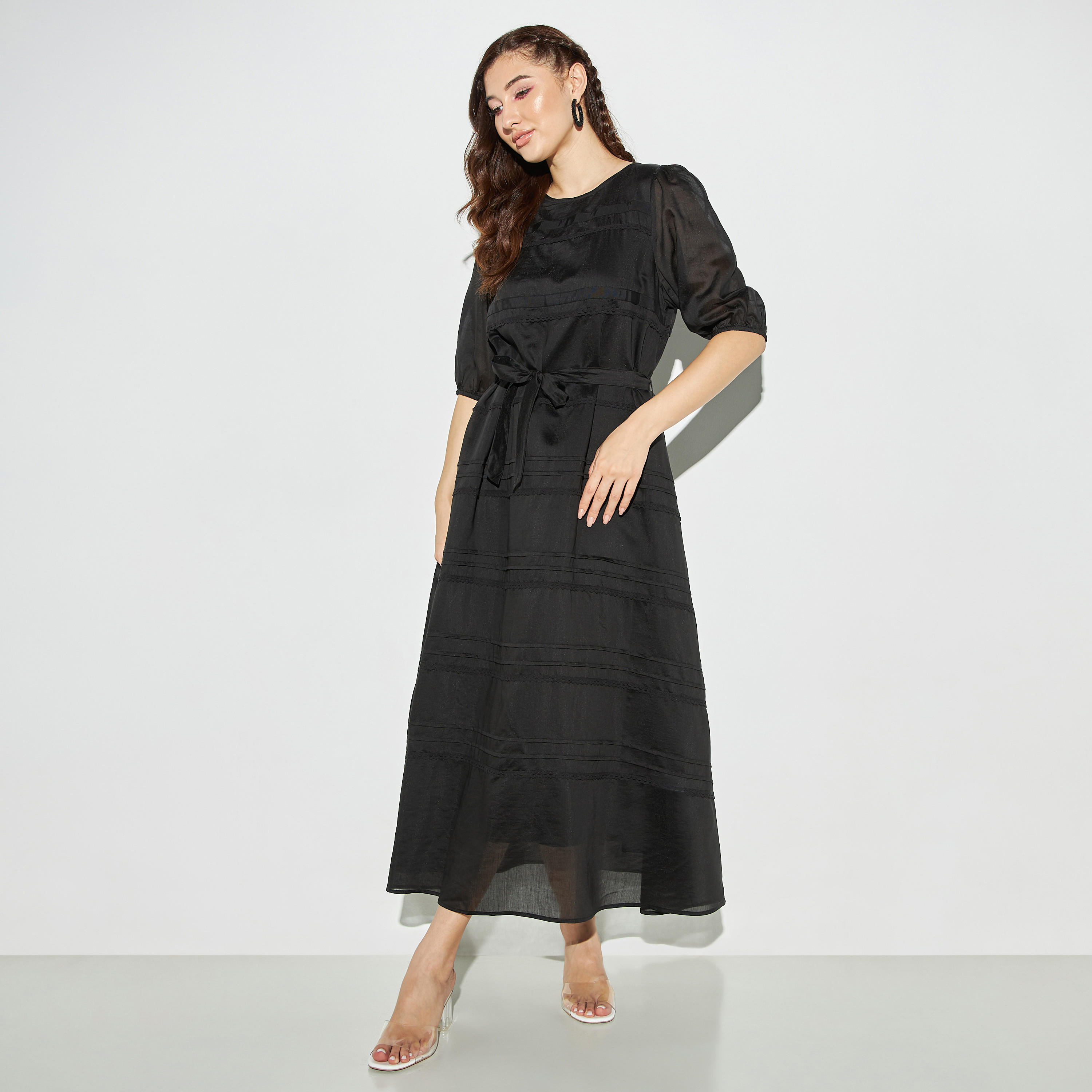 فستان ميدي بأكمام منفوحة وحزام رباط وتفاصيل دانتيل-women-clothing-dresses-image-1