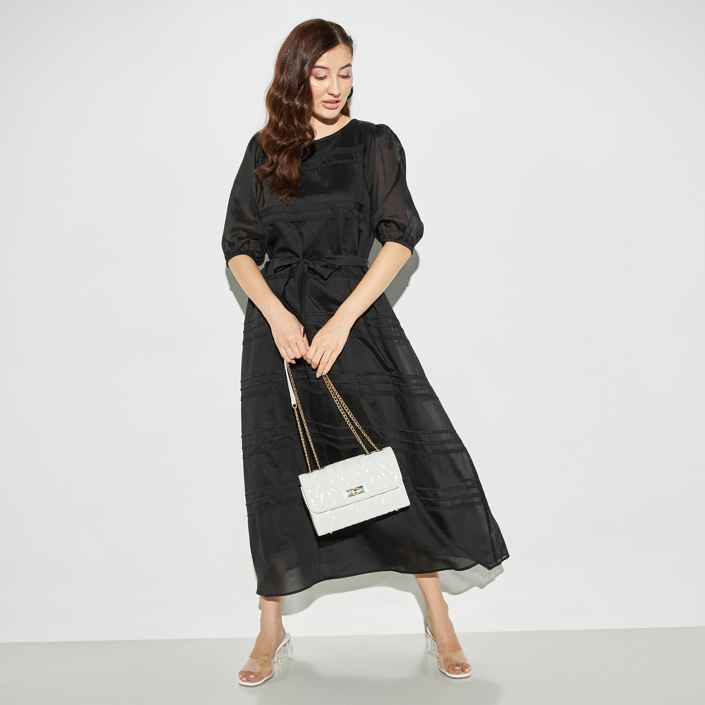 فستان ميدي بأكمام منفوحة وحزام رباط وتفاصيل دانتيل-women-clothing-dresses-image-2