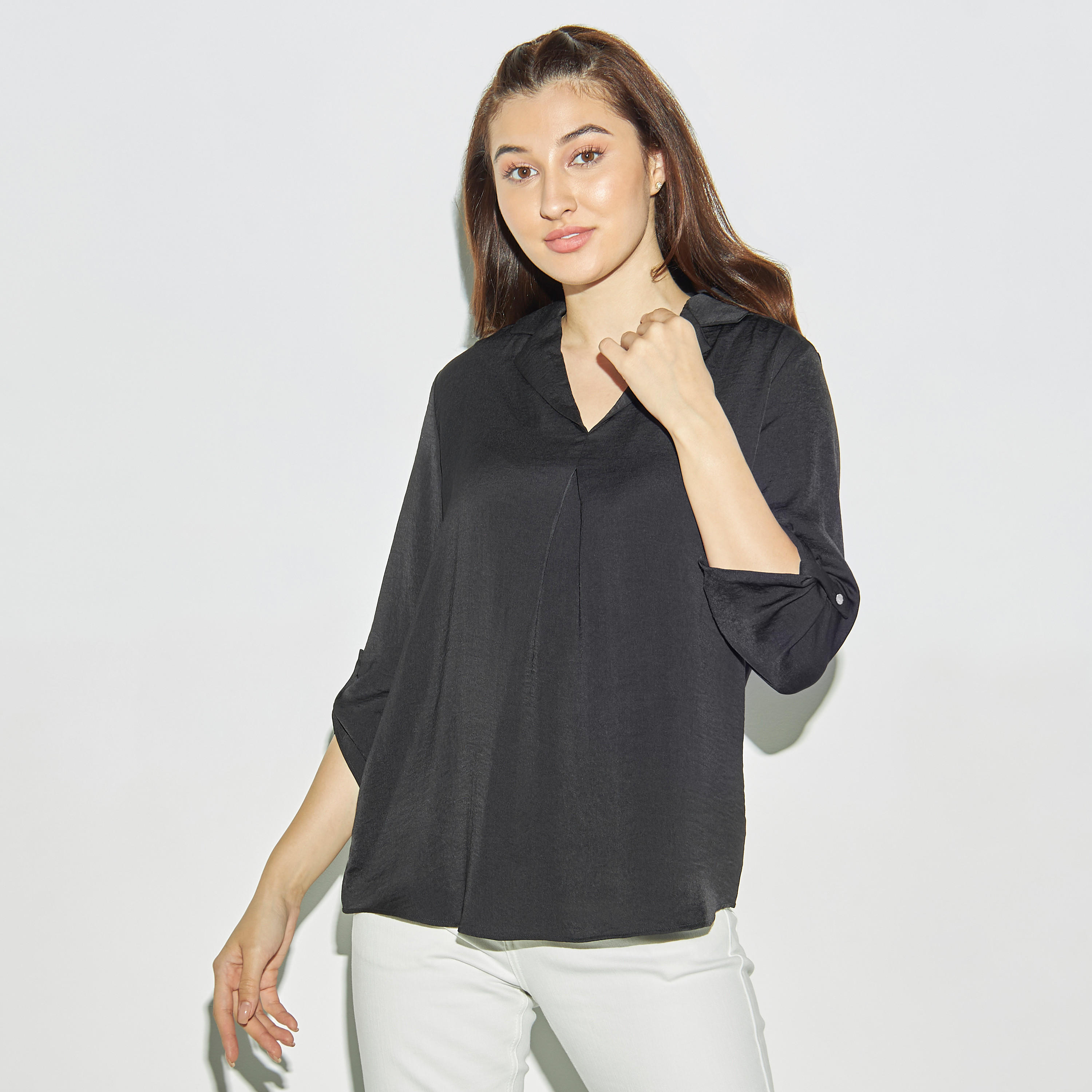 بلوزة سادة بياقة عادية وأكمام ملفوفة-women-clothing-shirtsandblouses-blouses-image-4
