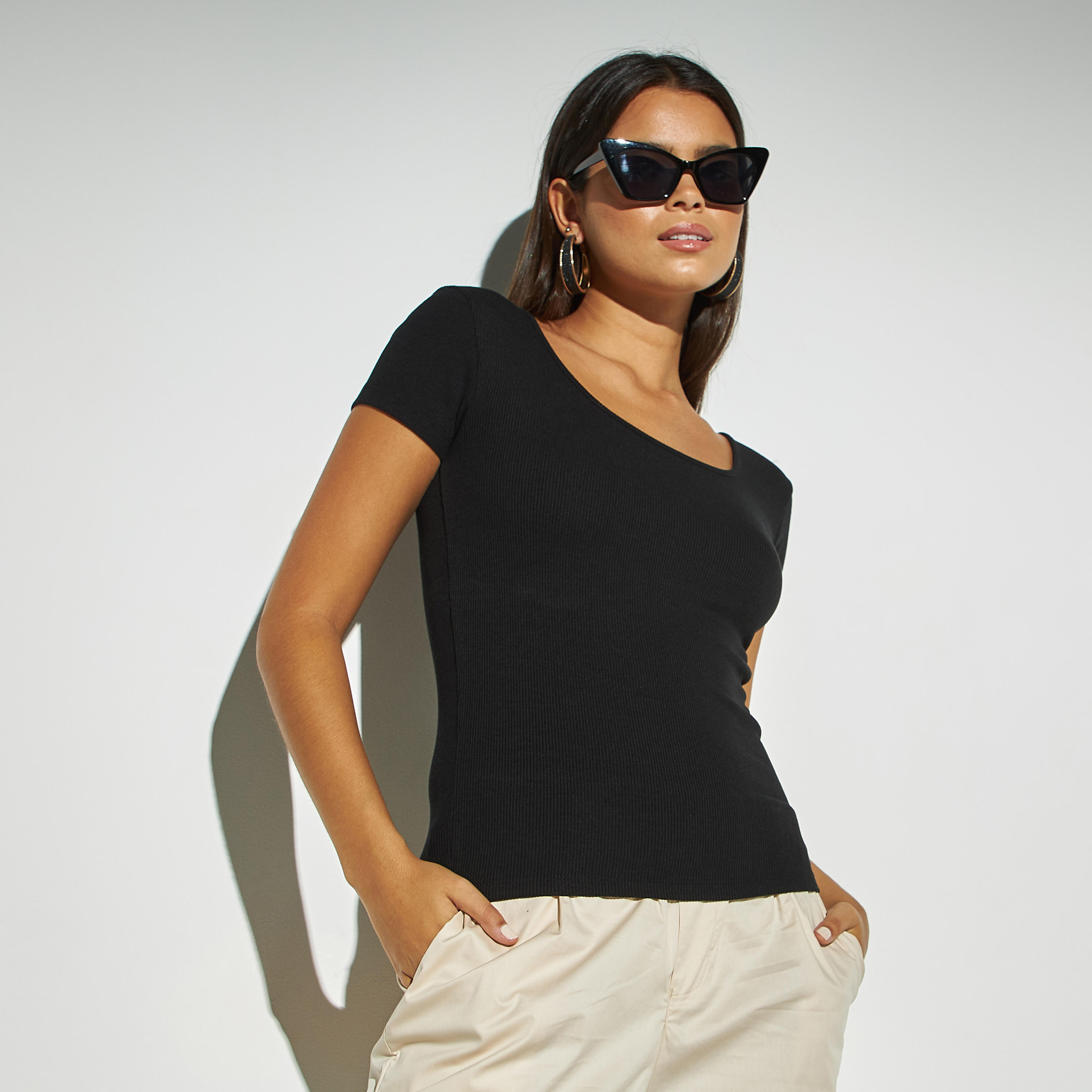 Textured Square Neck T-shirt with Short Sleeves-women-clothing-tshirts-image-1