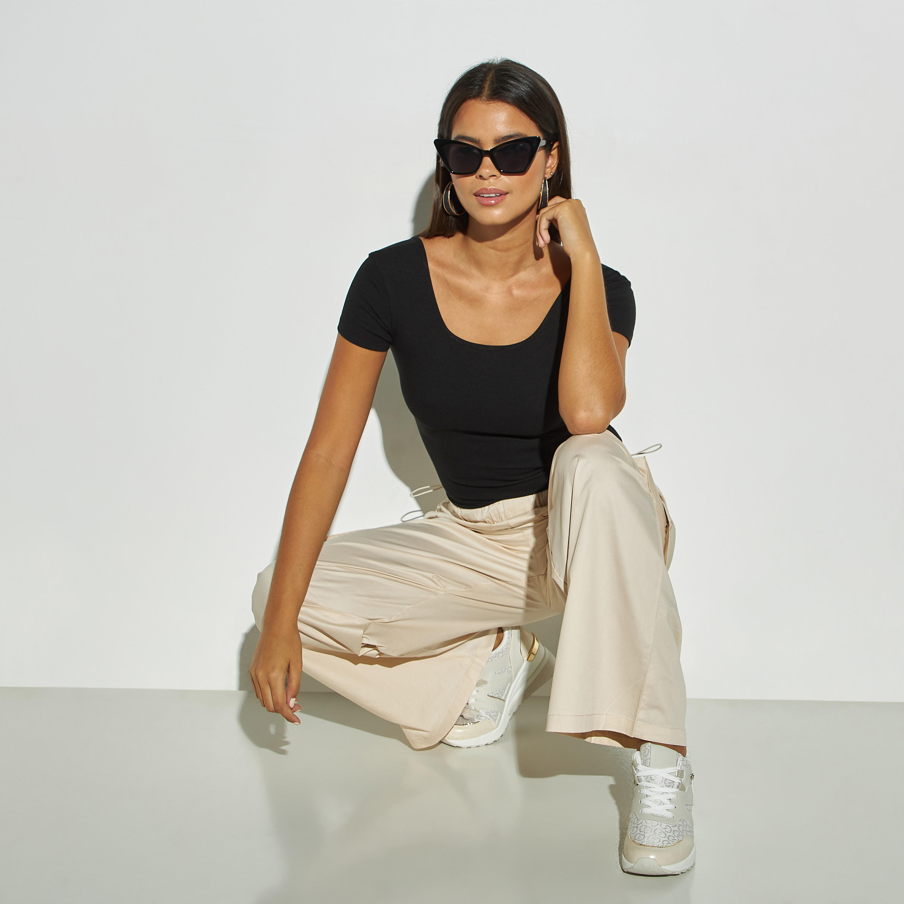 Textured Square Neck T-shirt with Short Sleeves-women-clothing-tshirts-image-2