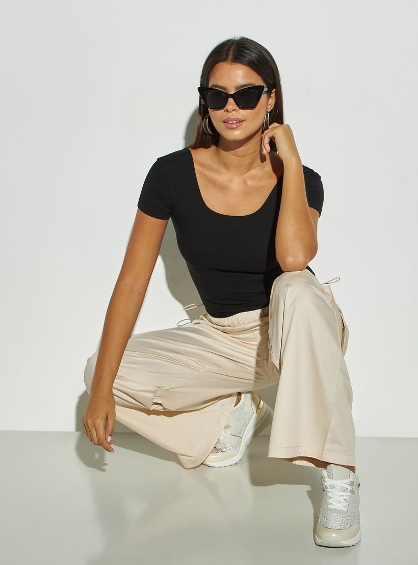 Textured Square Neck T-shirt with Short Sleeves-women-clothing-tshirts-image-2