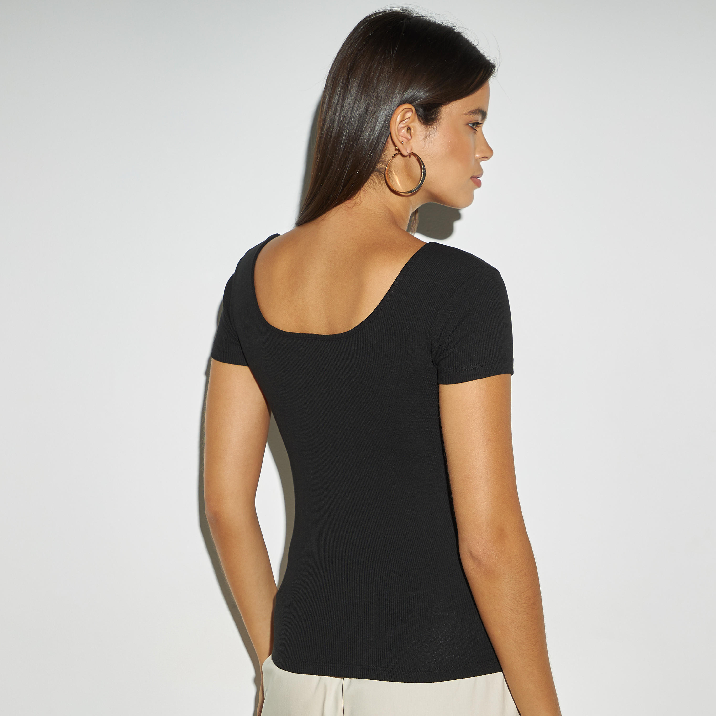 Textured Square Neck T-shirt with Short Sleeves-women-clothing-tshirts-image-3