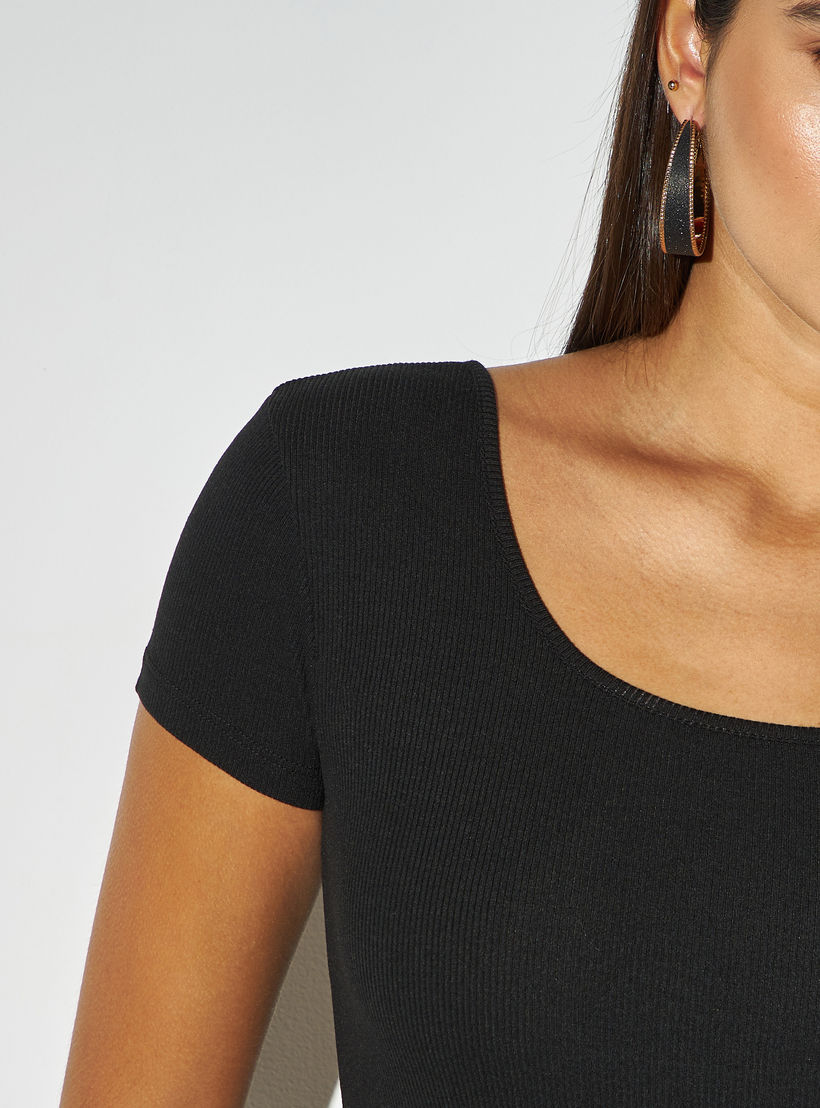 Textured Square Neck T-shirt with Short Sleeves-women-clothing-tshirts-image-4