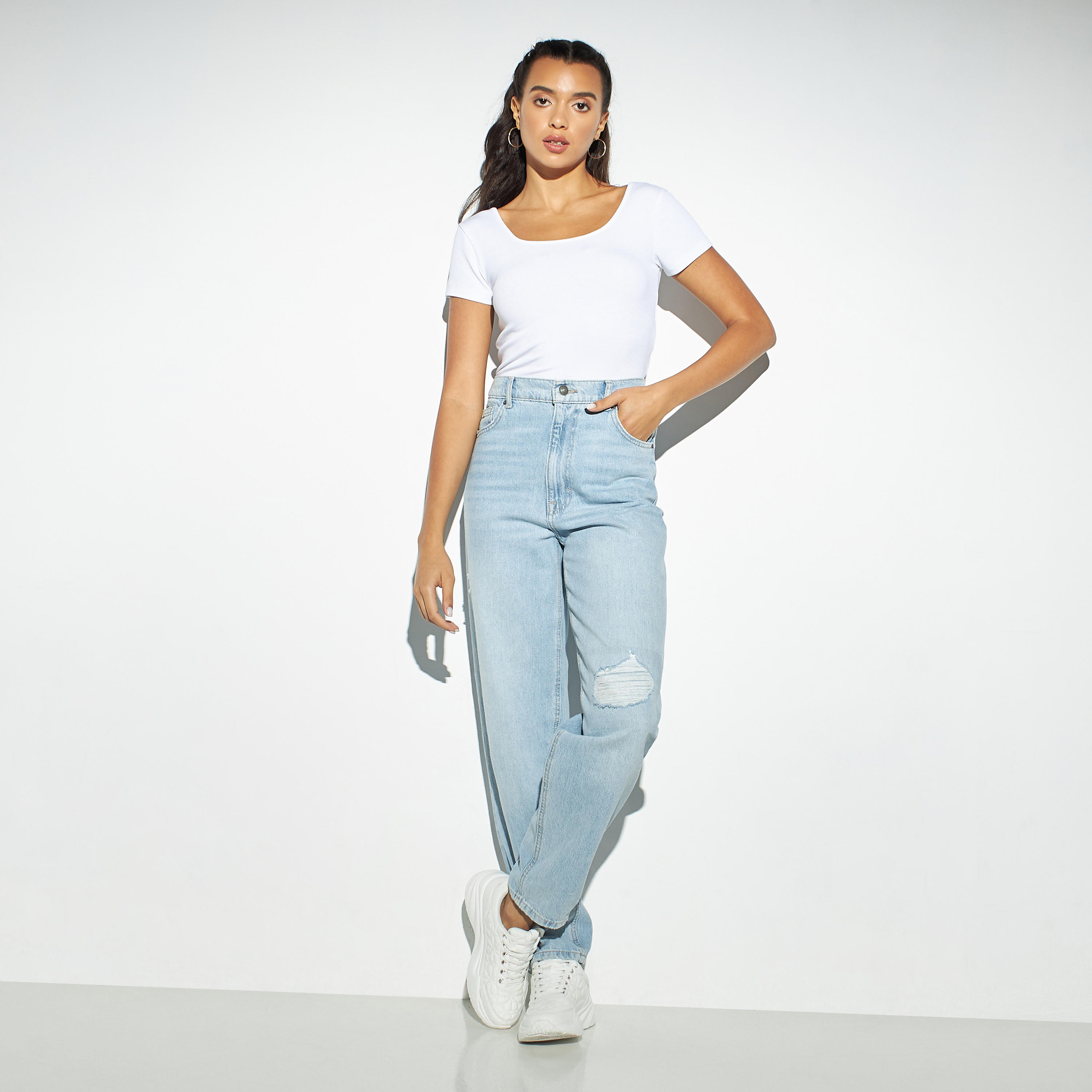 Solid Square Neck T-shirt with Short Sleeves-women-clothing-tshirts-image-2