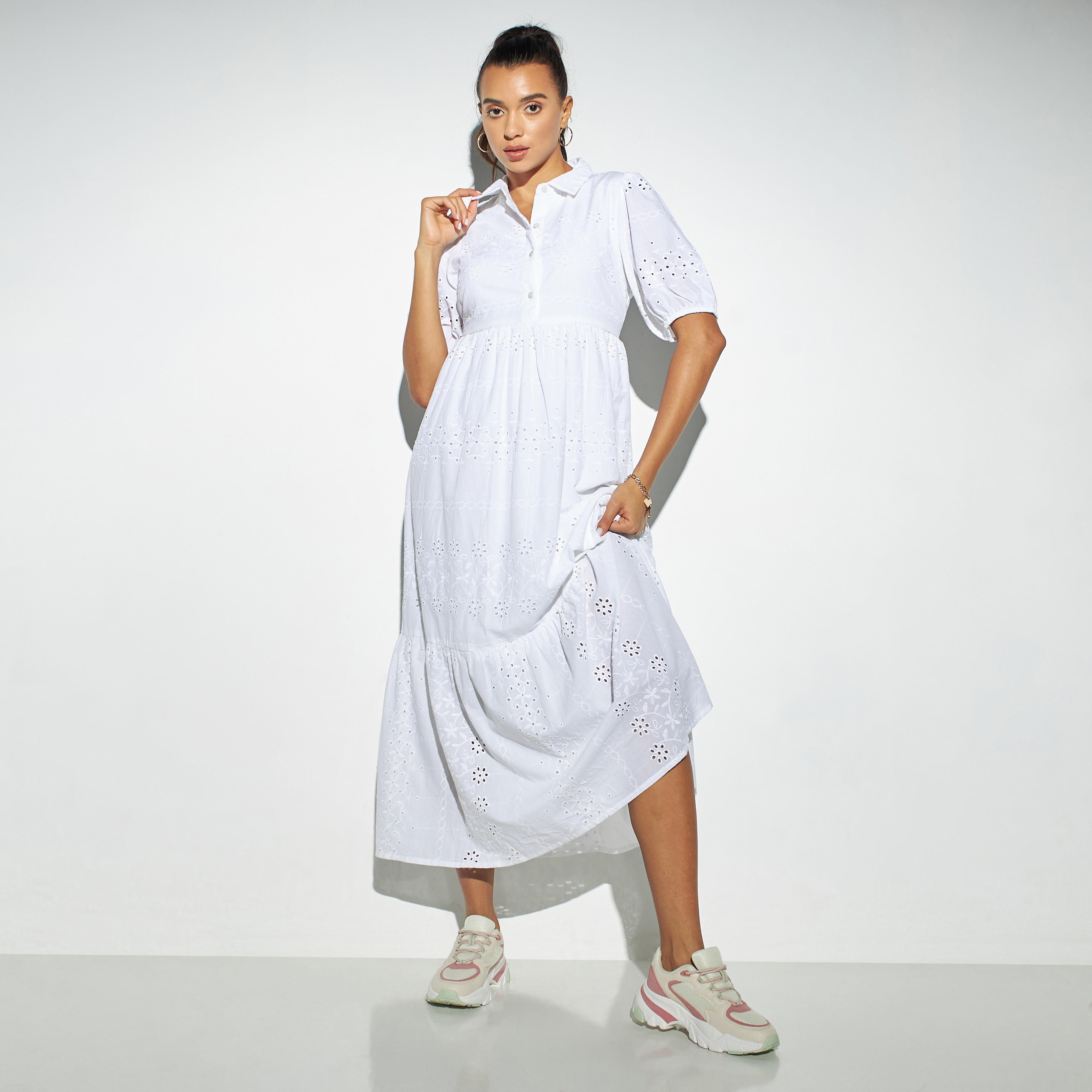 فستان قميص شيفلي متعدد الطبقات بأكمام منفوخة-women-clothing-dresses-image-1