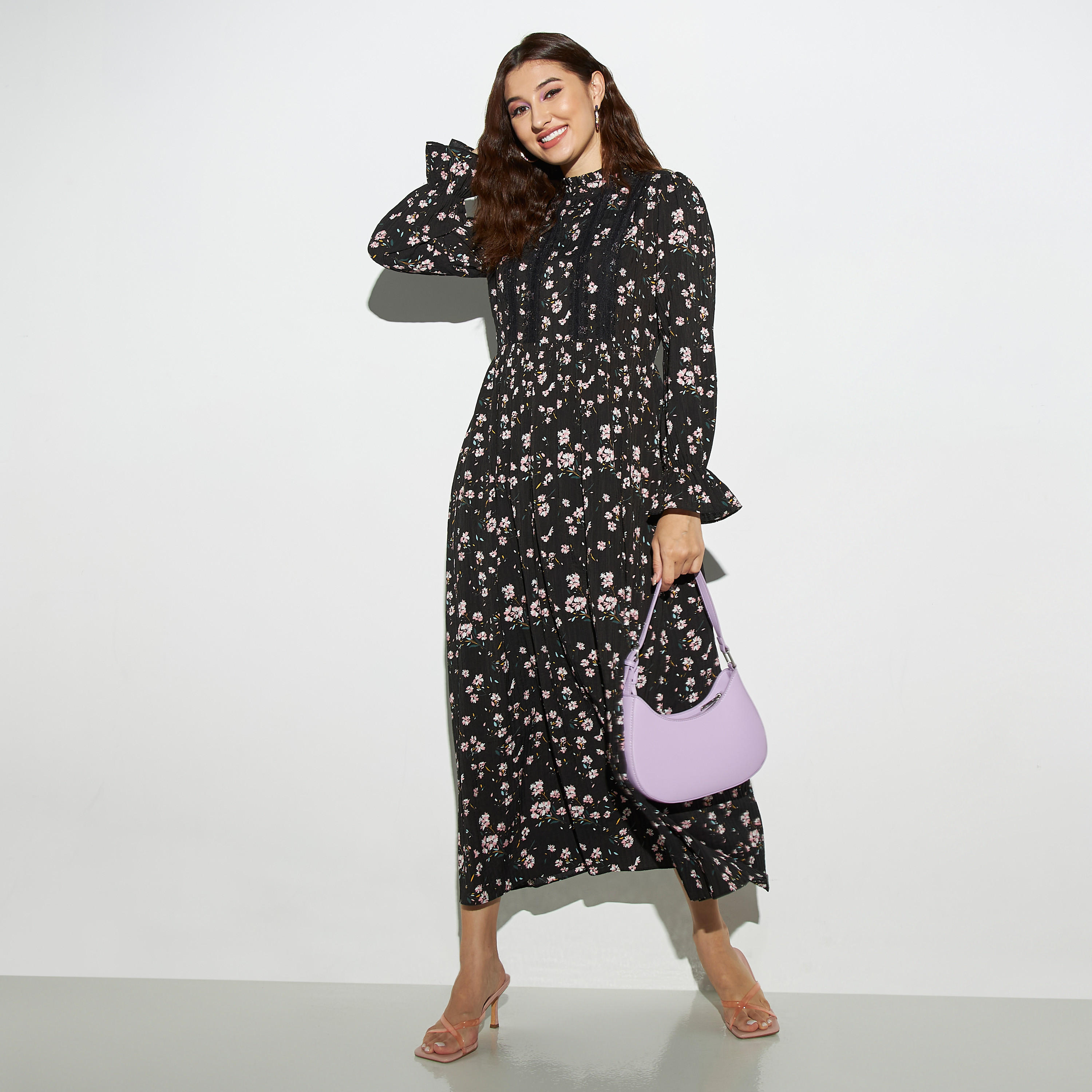 فستان بياقة كشكش ودانتيل وطبعات أزهار-women-clothing-dresses-image-2