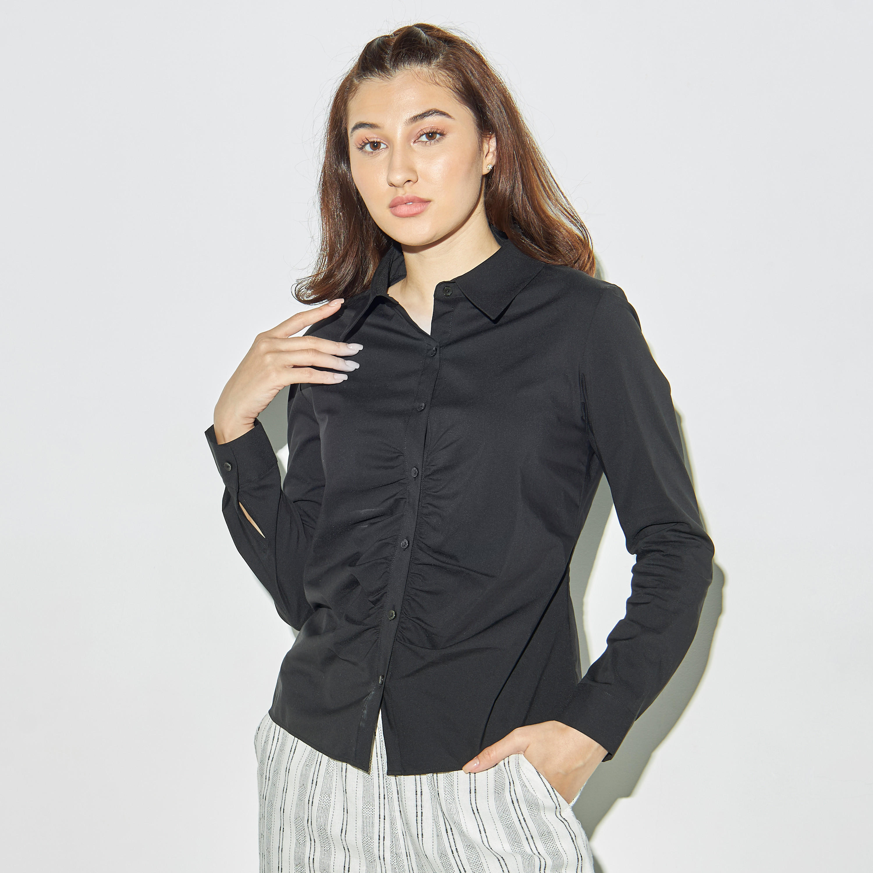 Gathered Shirt with Long Sleeves-women-clothing-shirtsandblouses-shirts-image-1