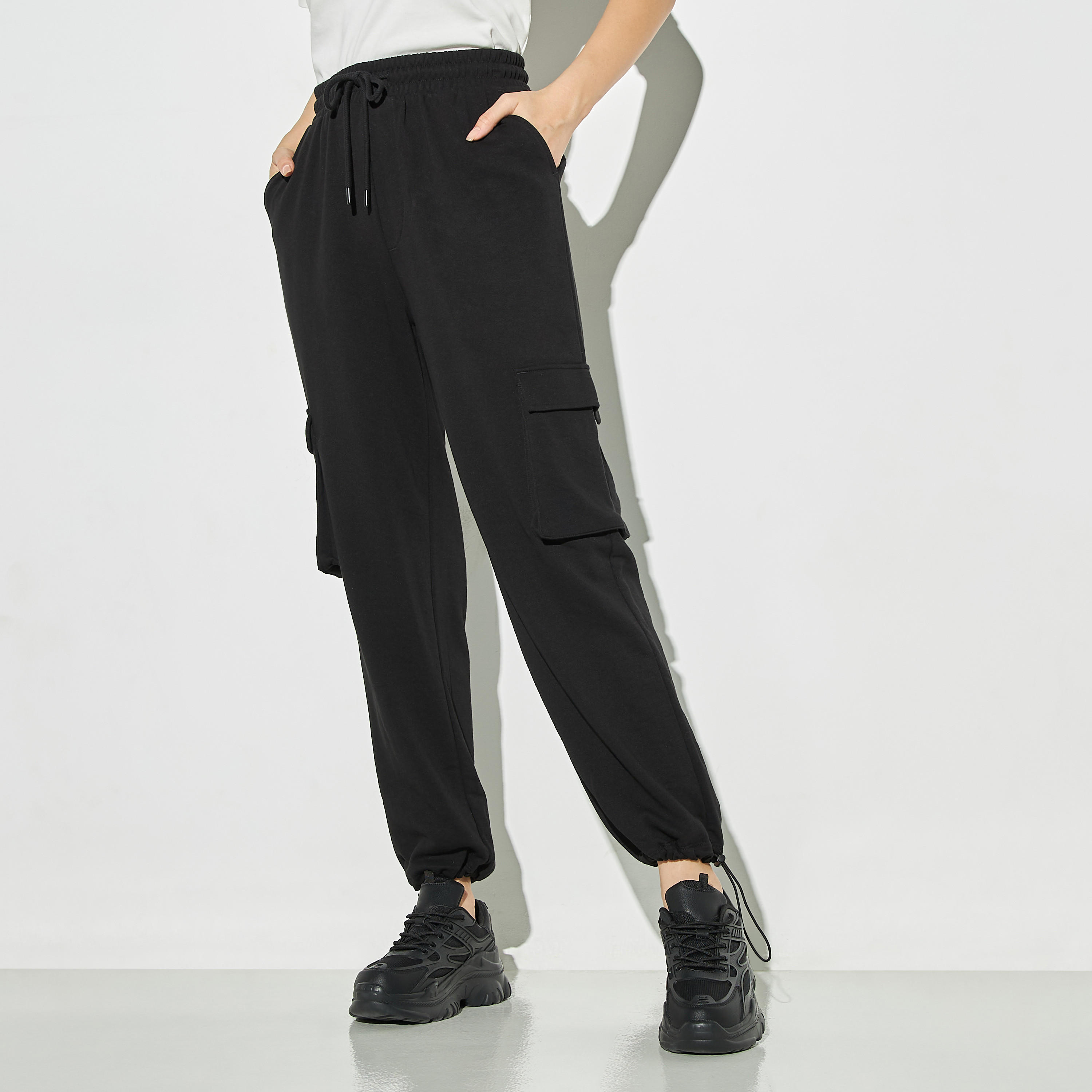 Solid Cargo Joggers with Drawstring Closure and Pockets-women-clothing-bottoms-joggers-image-1