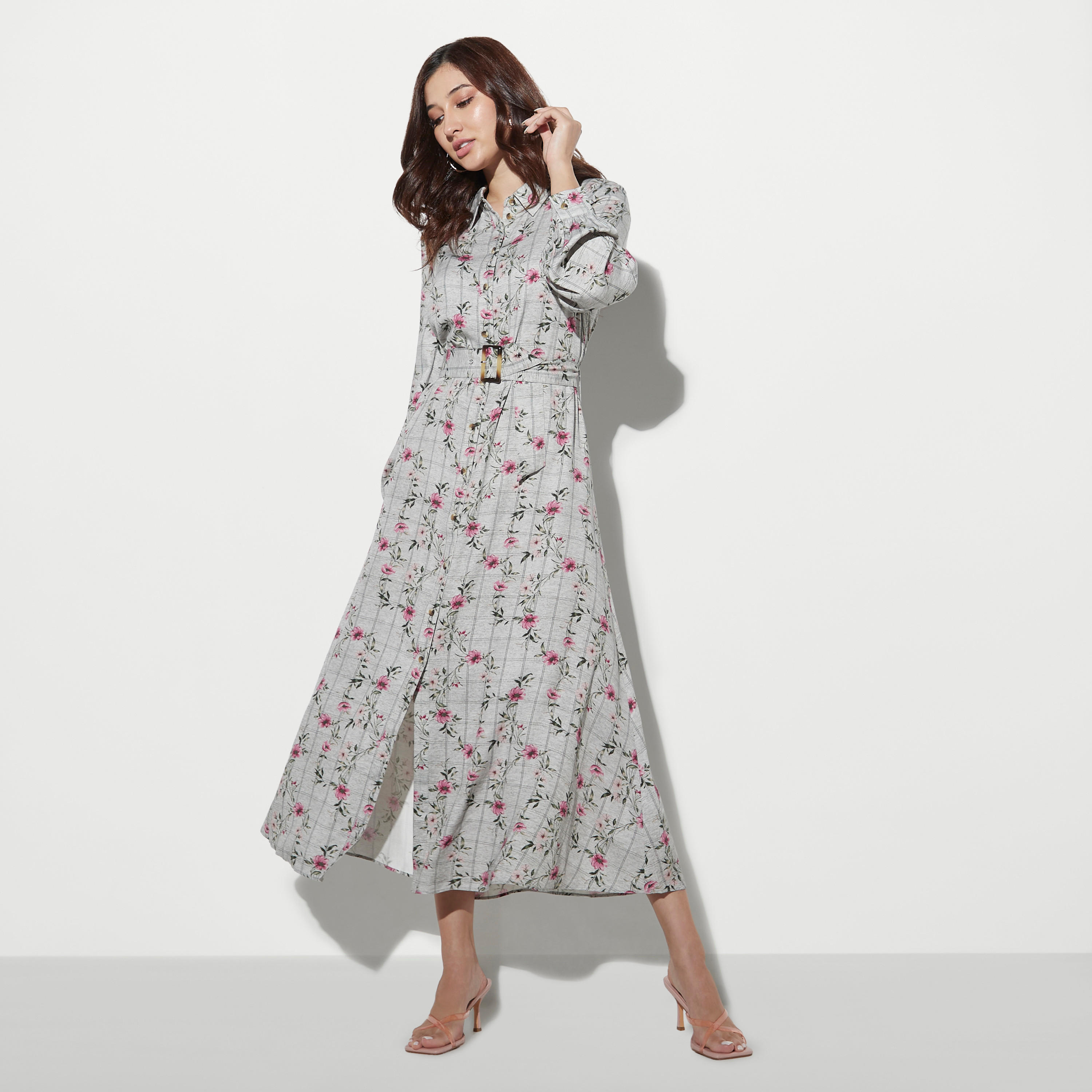 فستان قميص بأكمام طويلة وحزام وطبعات أزهار-women-clothing-dresses-image-1