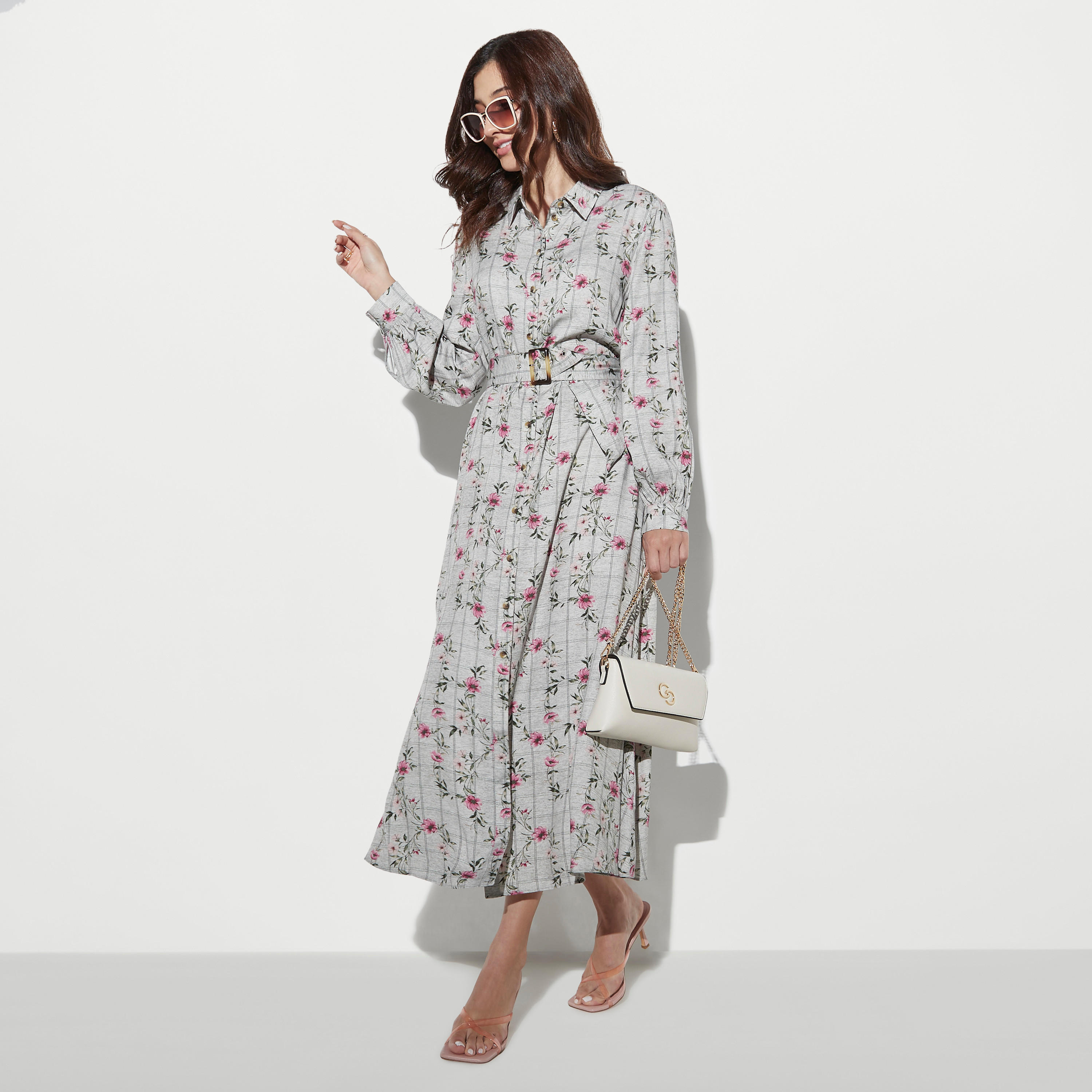 فستان قميص بأكمام طويلة وحزام وطبعات أزهار-women-clothing-dresses-image-2