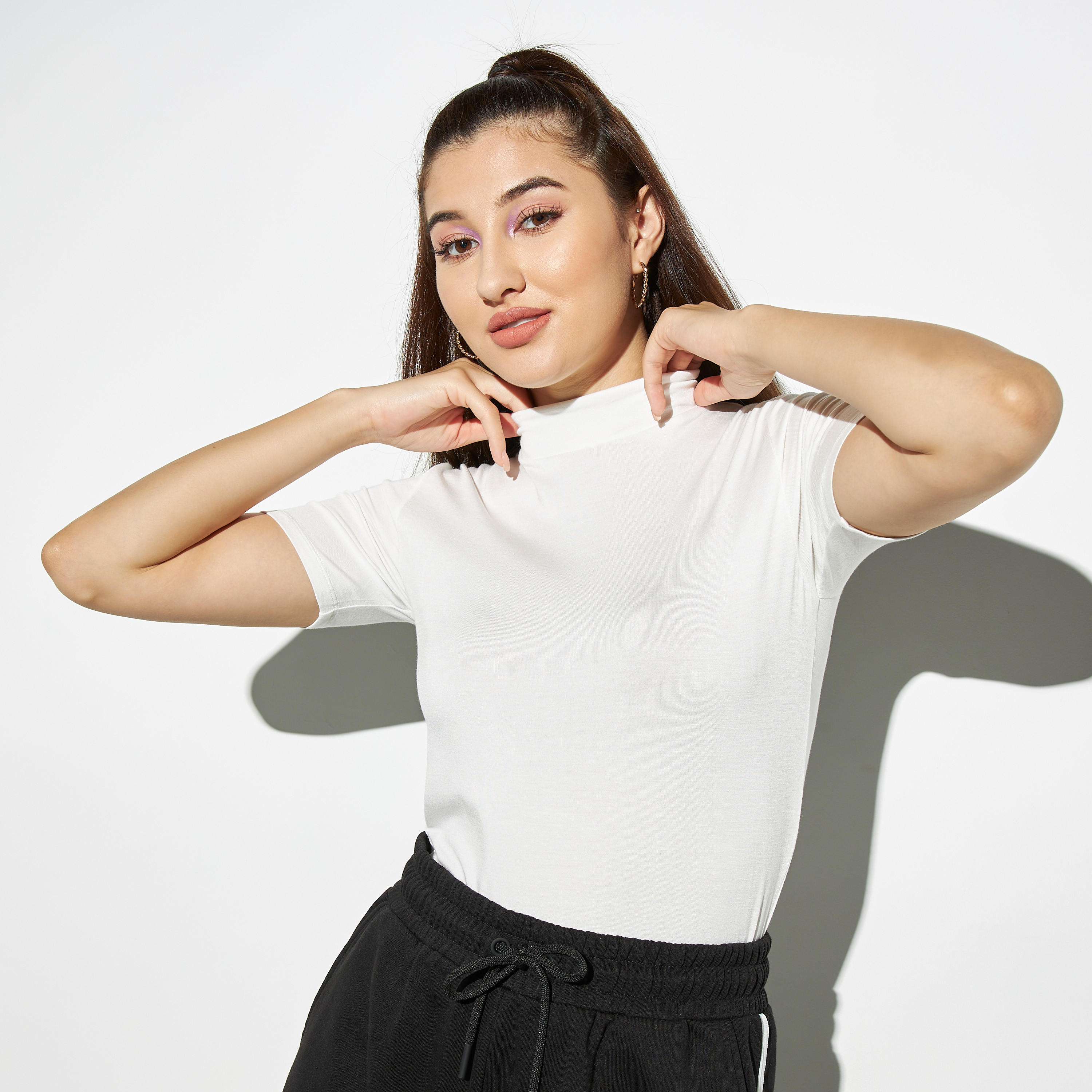 Solid Mock Neck T-shirt with Short Sleeves-women-clothing-tshirts-image-1