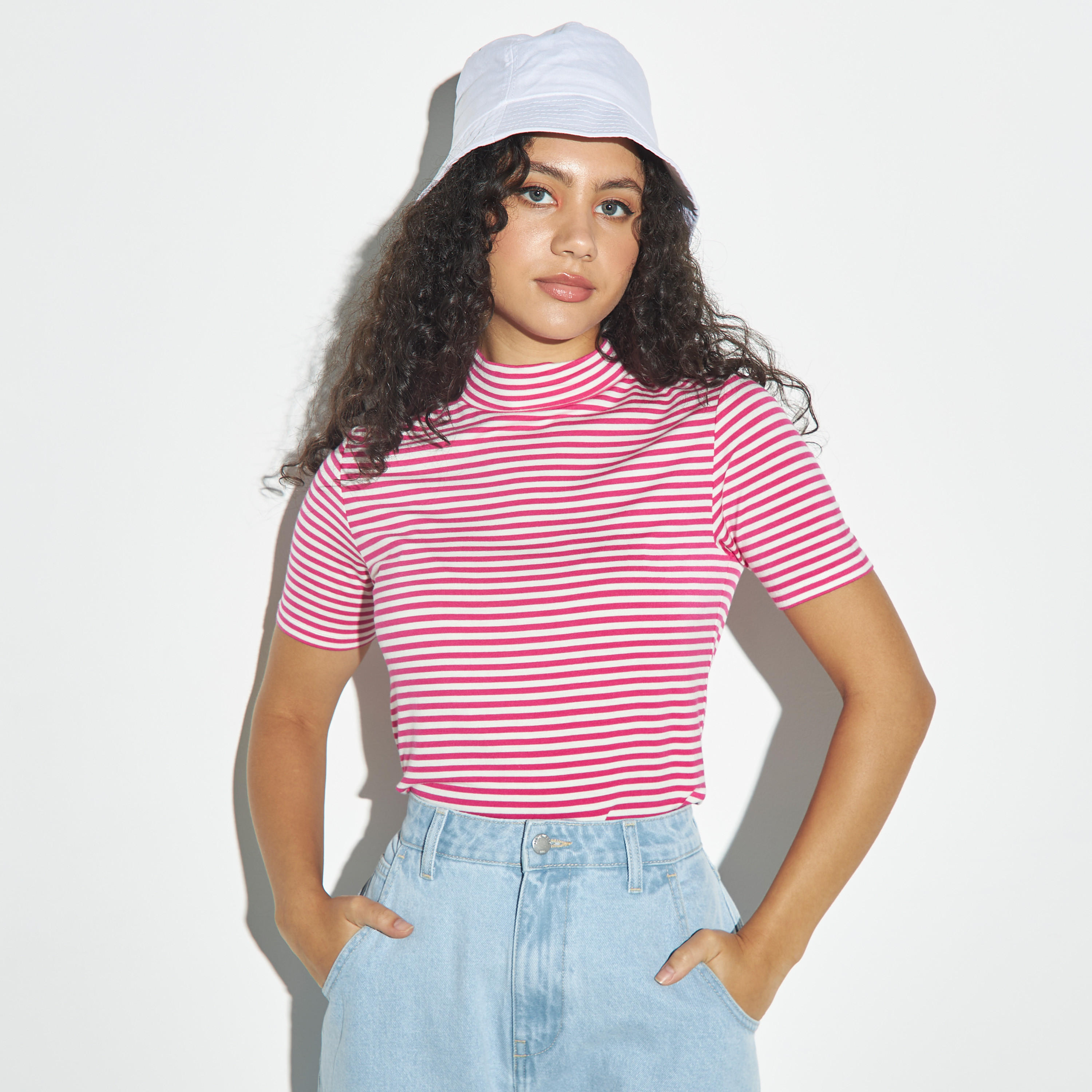 Striped Mock Neck T-shirt with Short Sleeves-women-clothing-tshirts-image-1