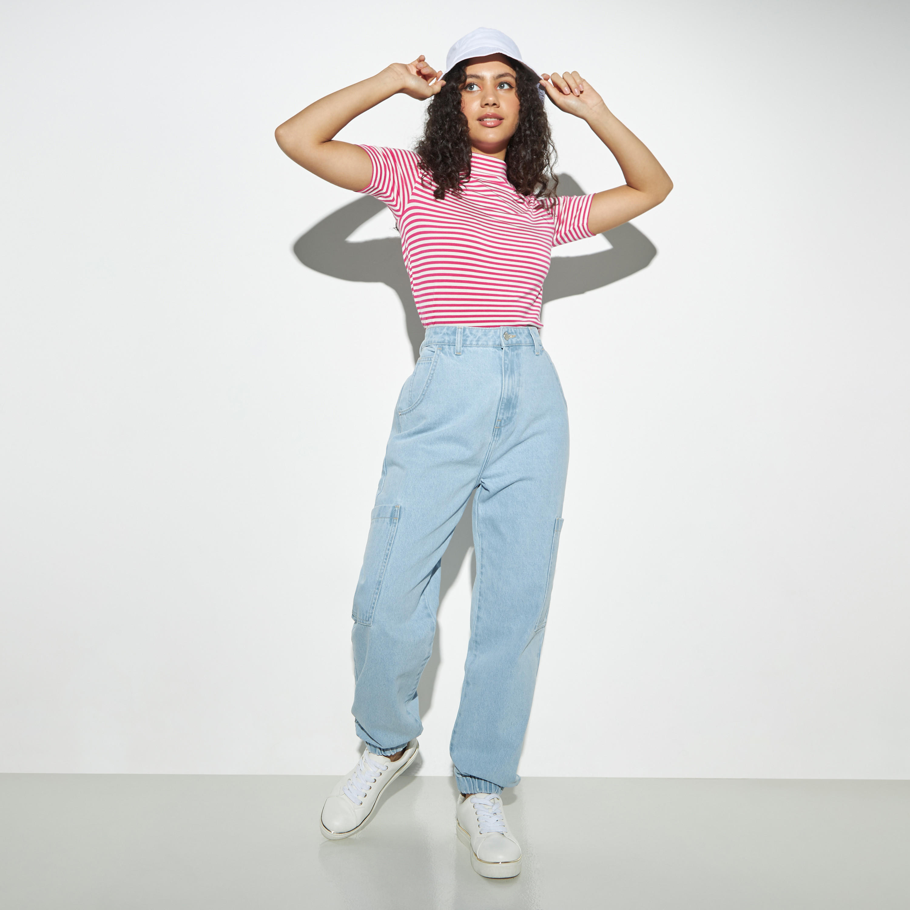 Striped Mock Neck T-shirt with Short Sleeves-women-clothing-tshirts-image-2