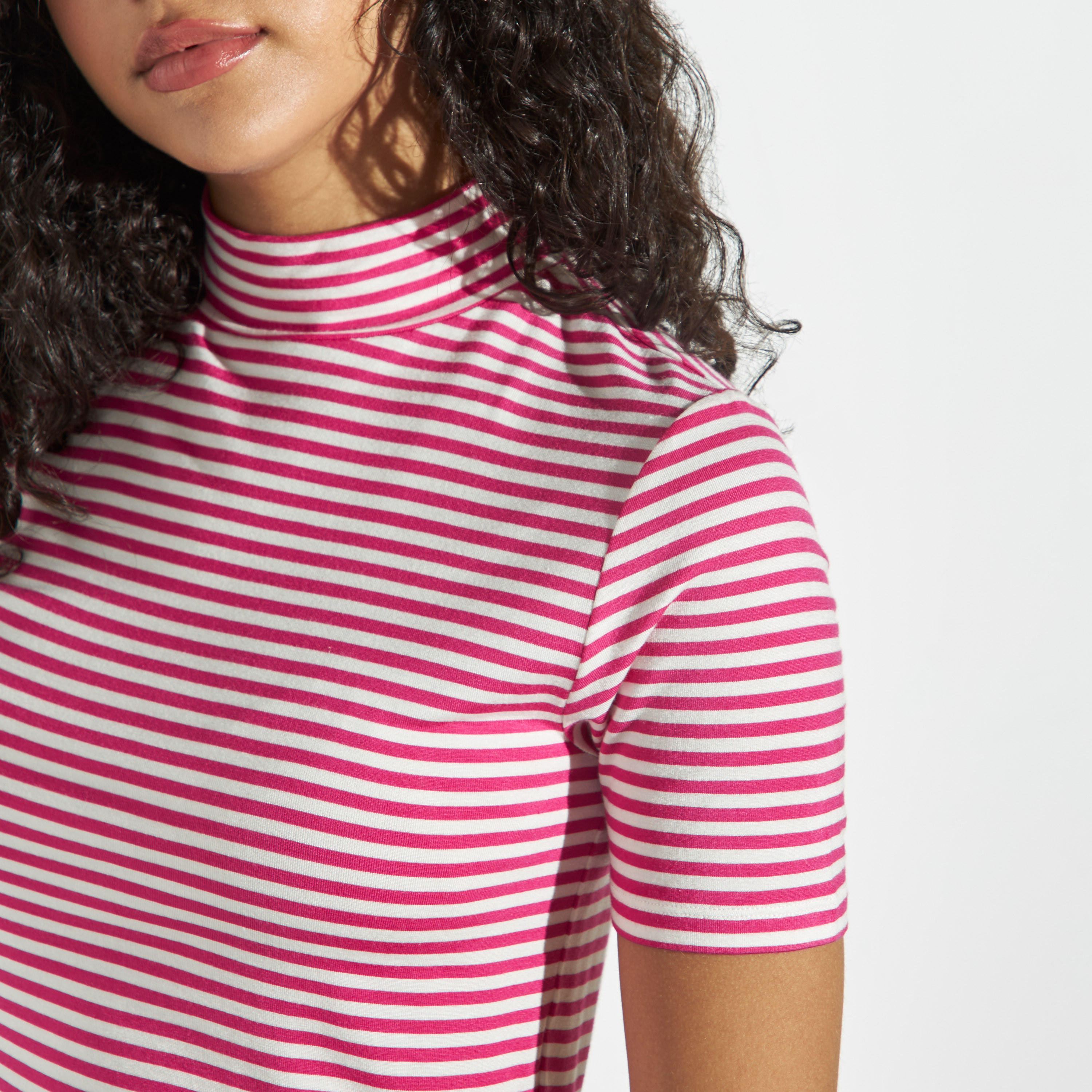 Striped Mock Neck T-shirt with Short Sleeves-women-clothing-tshirts-image-4