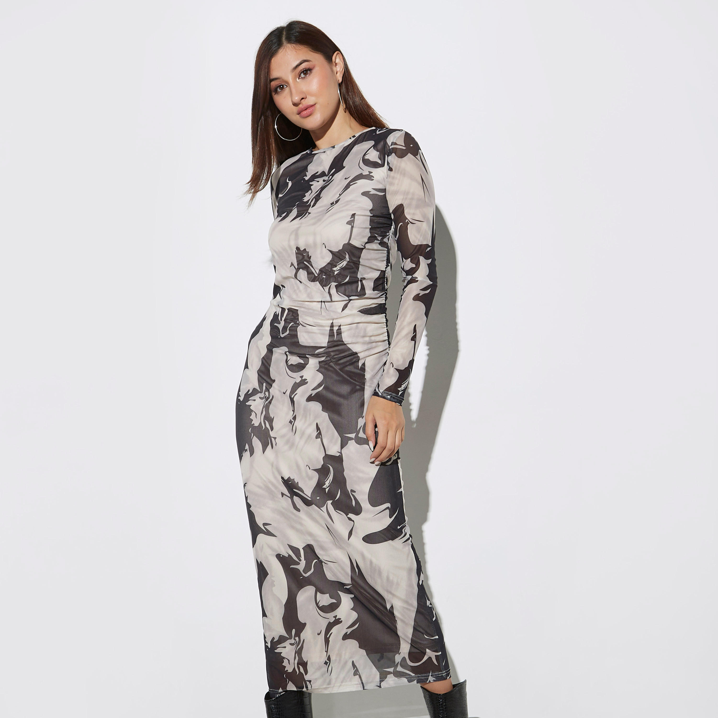 All-Over Print Bodycon Dress with Ruched Detail and Long Sleeves-women-clothing-dresses-image-1