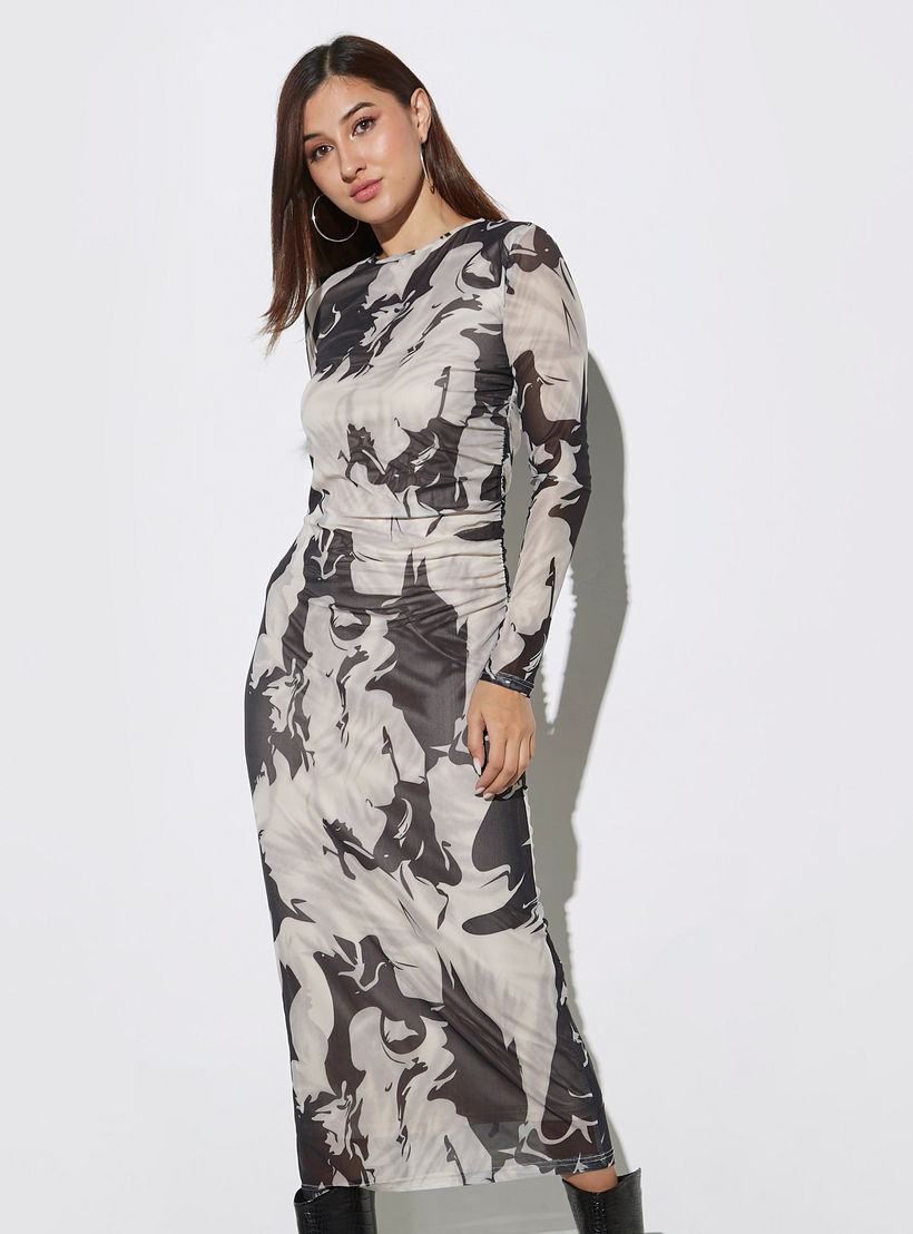 All-Over Print Bodycon Dress with Ruched Detail and Long Sleeves-women-clothing-dresses-image-1