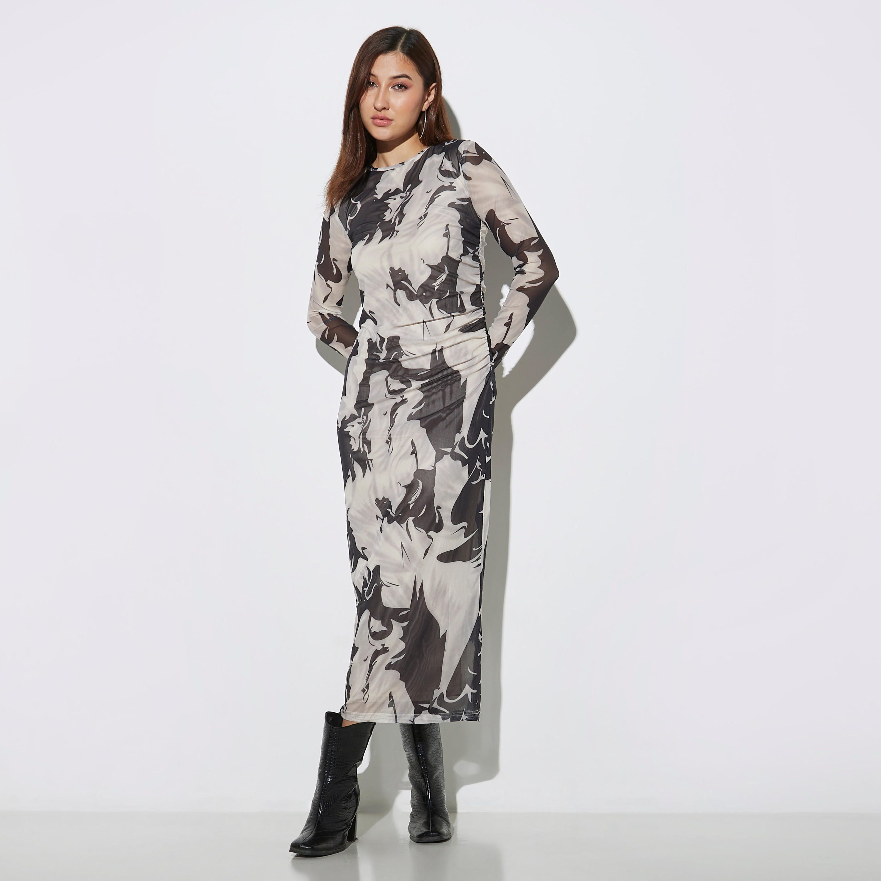 All-Over Print Bodycon Dress with Ruched Detail and Long Sleeves-women-clothing-dresses-image-2