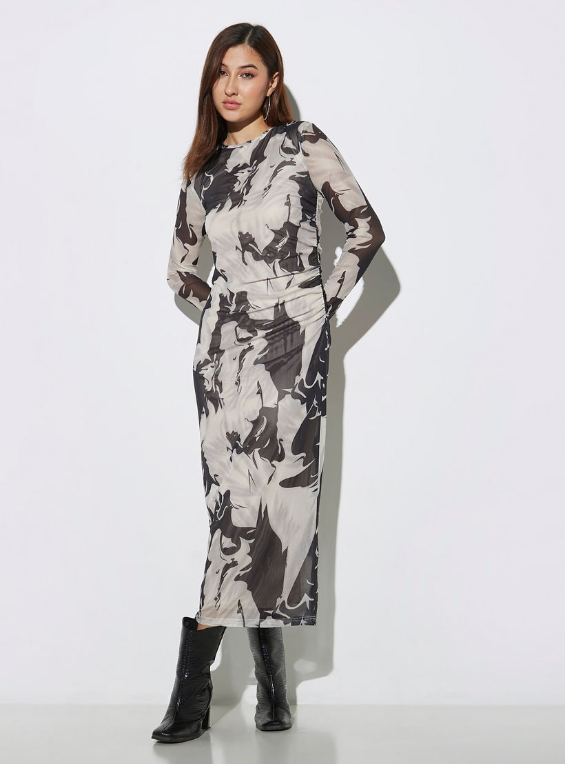 All-Over Print Bodycon Dress with Ruched Detail and Long Sleeves-women-clothing-dresses-image-2