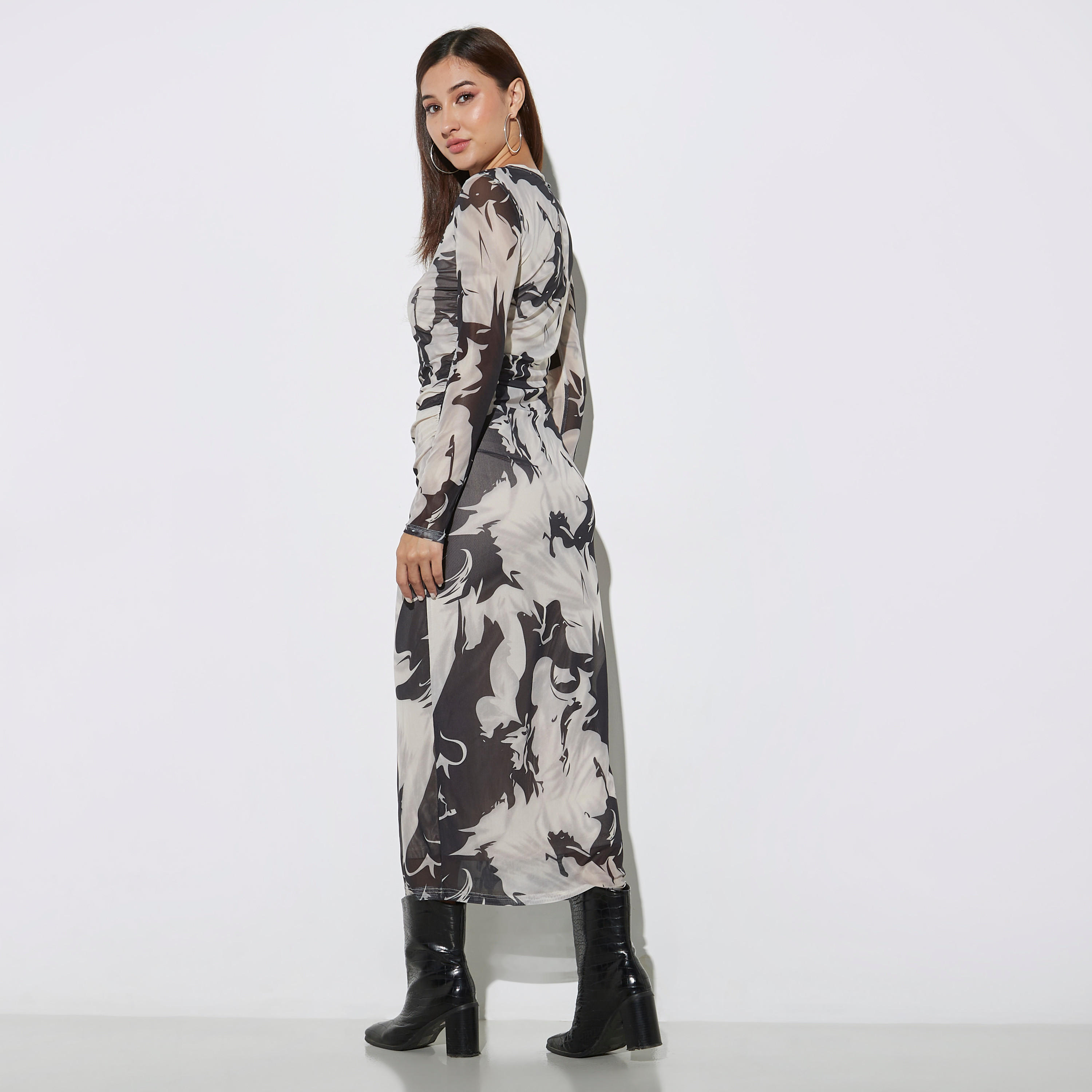 All-Over Print Bodycon Dress with Ruched Detail and Long Sleeves-women-clothing-dresses-image-3