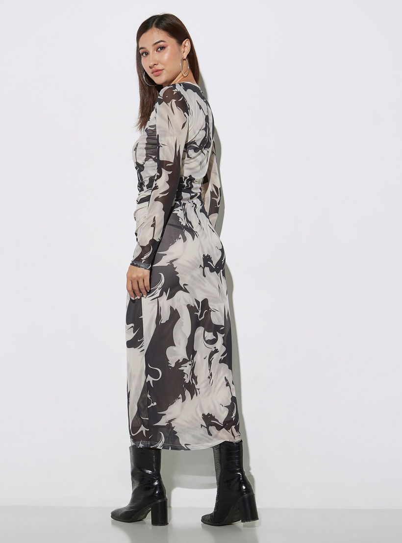 All-Over Print Bodycon Dress with Ruched Detail and Long Sleeves-women-clothing-dresses-image-3
