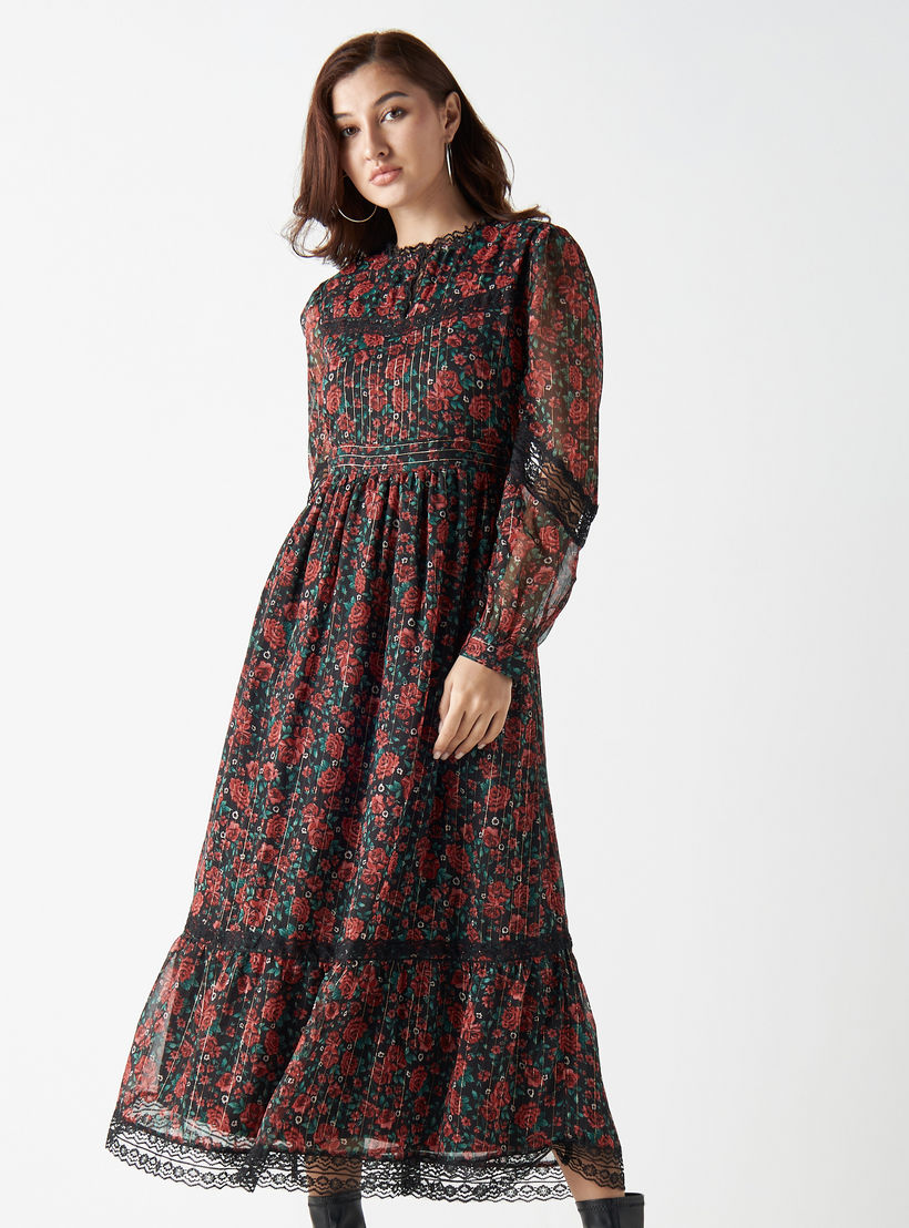 فستان متعدد الطبقات بطبعات أزهار وأكمام طويلة وطبقة شبكية-women-clothing-dresses-image-1