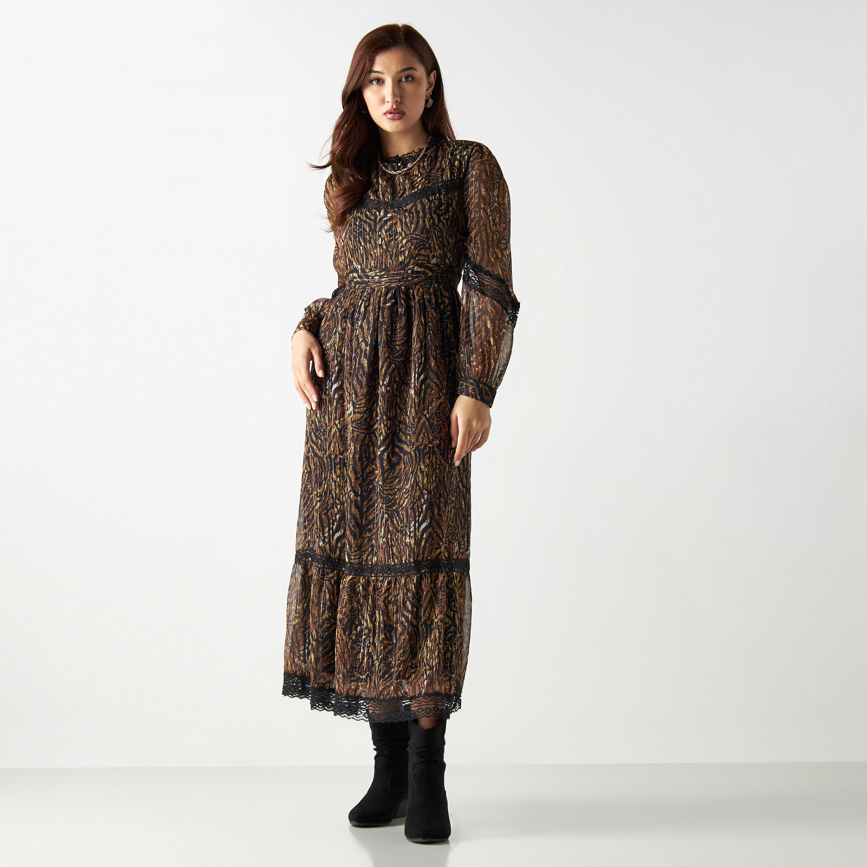 All-Over Print Midi A-line Dress with Long Sleeves and Lace Detail-women-clothing-dresses-image-1
