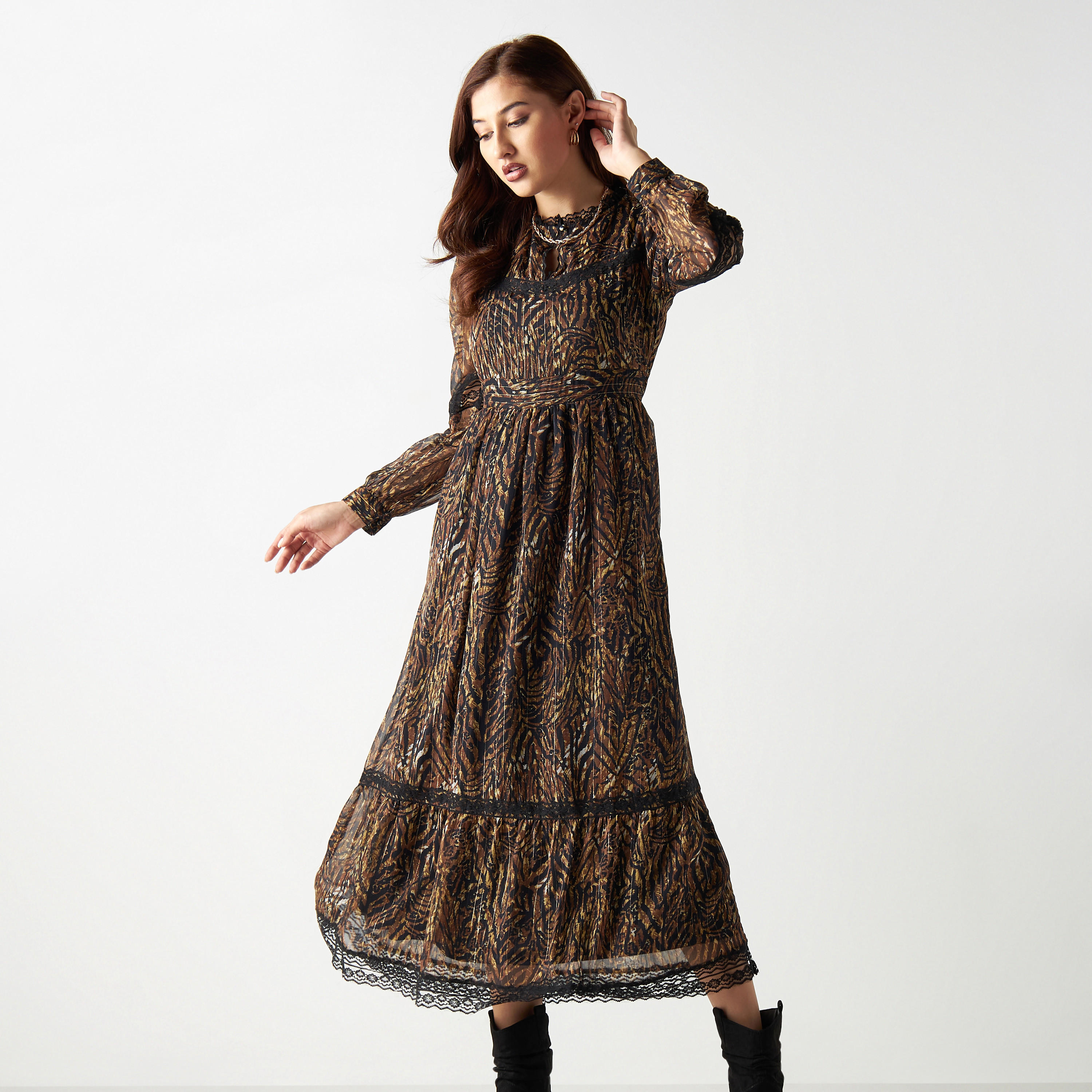 All-Over Print Midi A-line Dress with Long Sleeves and Lace Detail-women-clothing-dresses-image-2