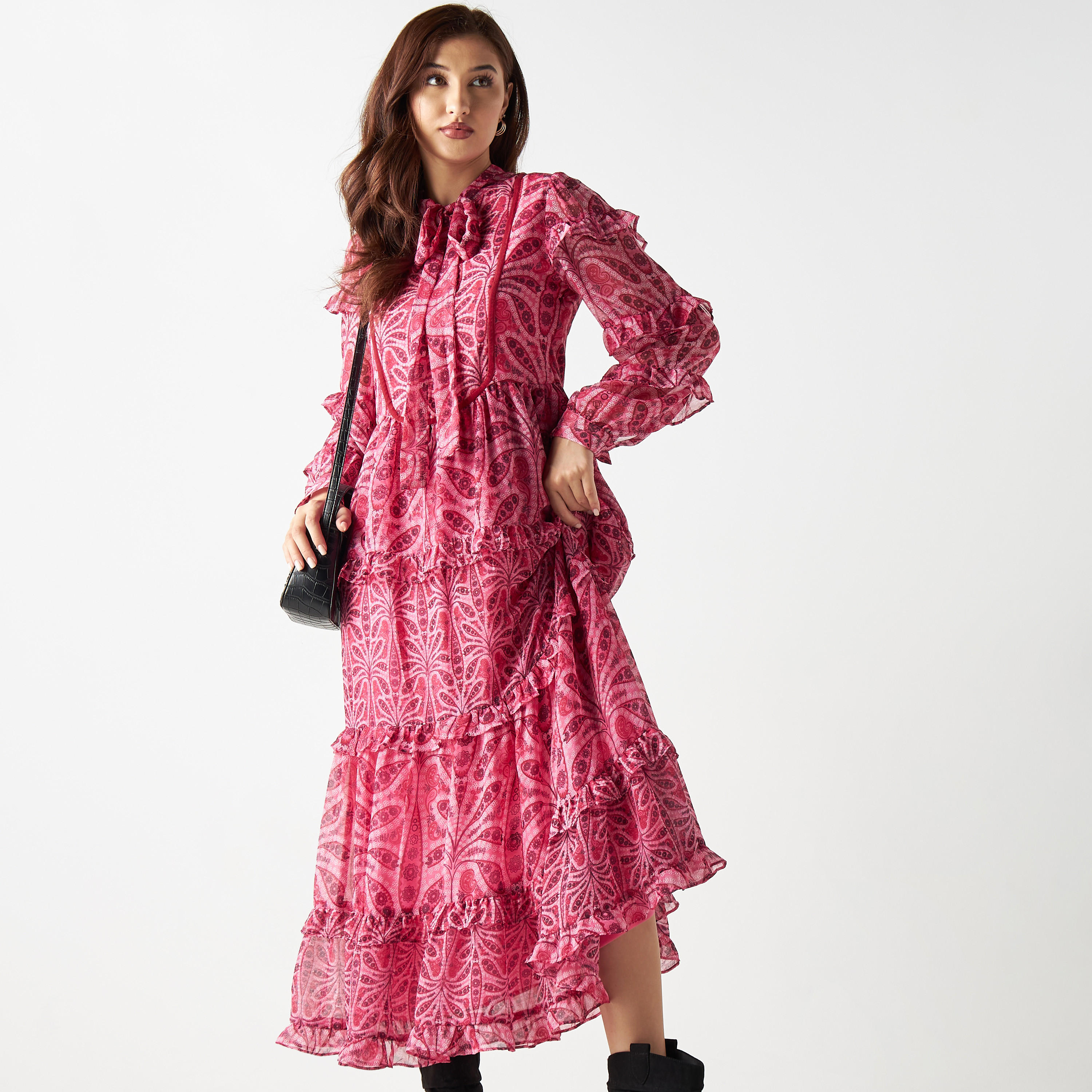 فستان متعدد الطبقات بأكمام كشكش وطبعات-women-clothing-dresses-image-1