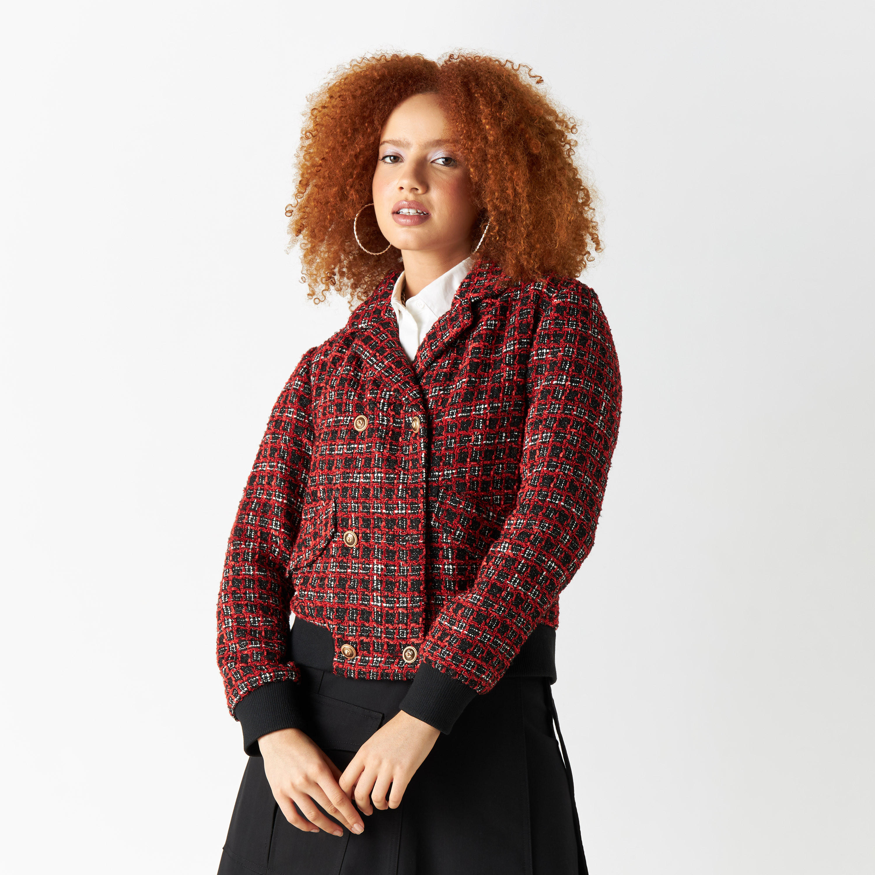 Textured Checks Jacket with Notched Lapel and Cuffed Hems-women-winterwear-coatsandjackets-jackets-image-1