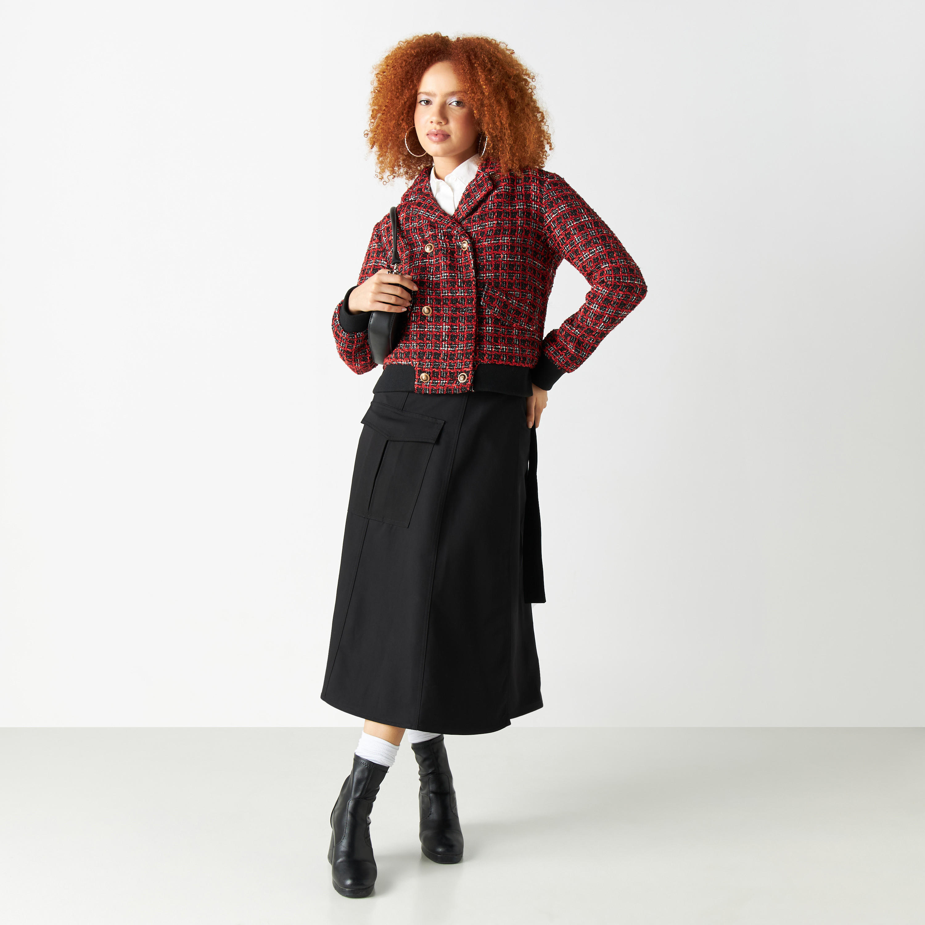Textured Checks Jacket with Notched Lapel and Cuffed Hems-women-winterwear-coatsandjackets-jackets-image-2