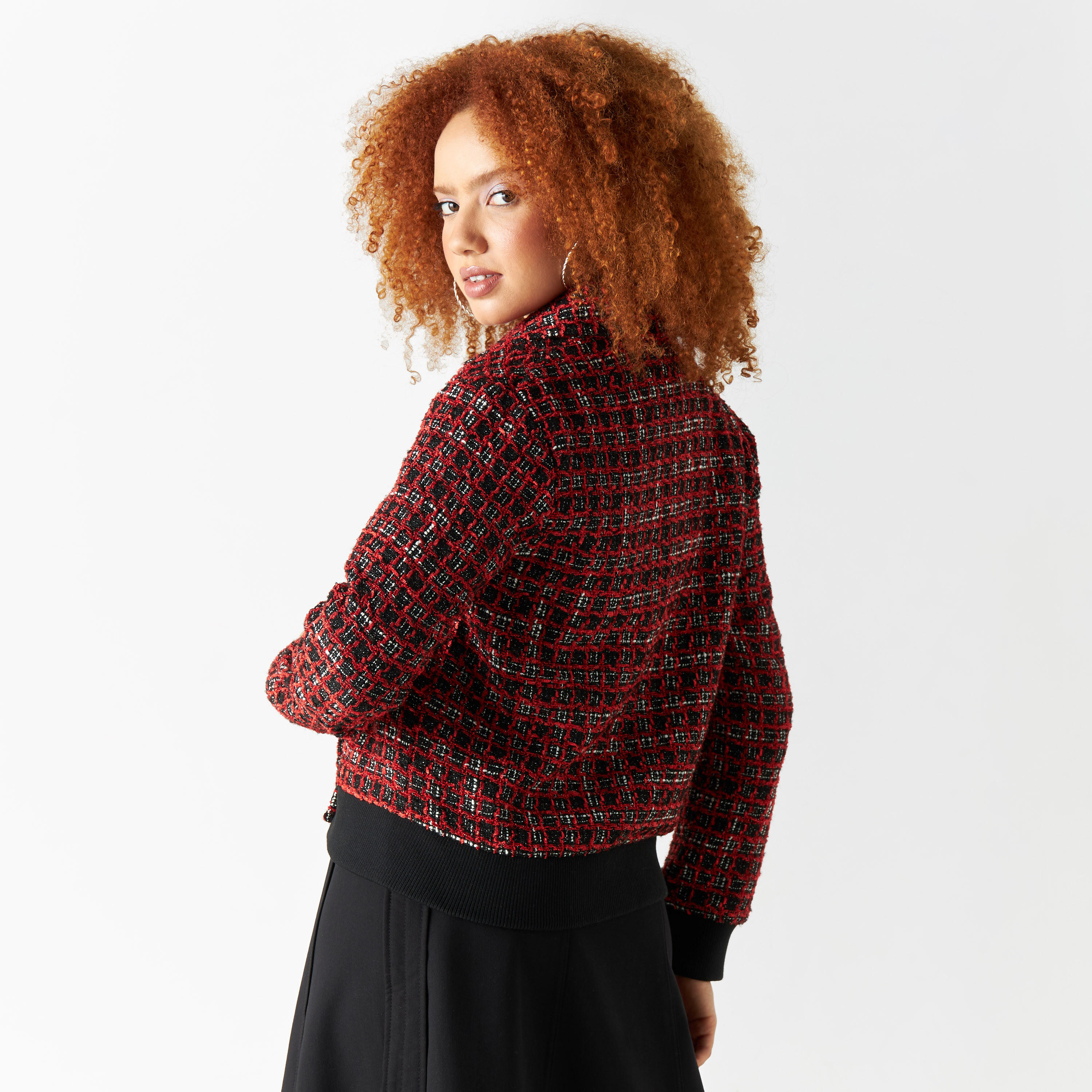 Textured Checks Jacket with Notched Lapel and Cuffed Hems-women-winterwear-coatsandjackets-jackets-image-3